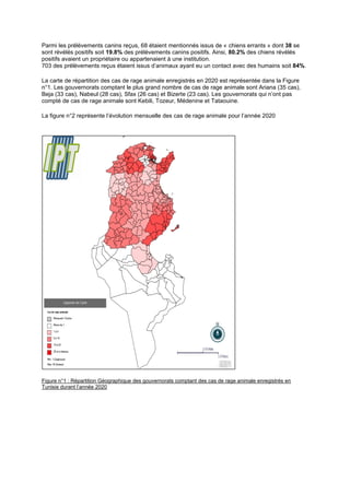 Parmi les prélèvements canins reçus, 68 étaient mentionnés issus de « chiens errants » dont 38 se
sont révélés positifs soit 19.8% des prélèvements canins positifs. Ainsi, 80.2% des chiens révélés
positifs avaient un propriétaire ou appartenaient à une institution.
703 des prélèvements reçus étaient issus d’animaux ayant eu un contact avec des humains soit 84%.
La carte de répartition des cas de rage animale enregistrés en 2020 est représentée dans la Figure
n°1. Les gouvernorats comptant le plus grand nombre de cas de rage animale sont Ariana (35 cas),
Beja (33 cas), Nabeul (28 cas), Sfax (26 cas) et Bizerte (23 cas). Les gouvernorats qui n’ont pas
compté de cas de rage animale sont Kebili, Tozeur, Médenine et Tataouine.
La figure n°2 représente l’évolution mensuelle des cas de rage animale pour l’année 2020
Figure n°1 : Répartition Géographique des gouvernorats comptant des cas de rage animale enregistrés en
Tunisie durant l’année 2020
 