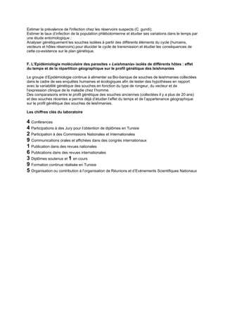 Estimer la prévalence de l'infection chez les réservoirs suspects (C. gundi);
Estimer le taux d’infection de la population phlébotomienne et étudier ses variations dans le temps par
une étude entomologique ;
Analyser génétiquement les souches isolées à partir des différents éléments du cycle (humains,
vecteurs et hôtes réservoirs) pour élucider le cycle de transmission et étudier les conséquences de
cette co-existence sur le plan génétique.
F. L’Epidémiologie moléculaire des parasites « Leishmania» isolés de différents hôtes : effet
du temps et de la répartition géographique sur le profil génétique des leishmanies
Le groupe d’Epidémiologie continue à alimenter sa Bio-banque de souches de leishmanies collectées
dans le cadre de ses enquêtes humaines et écologiques afin de tester des hypothèses en rapport
avec la variabilité génétique des souches en fonction du type de rongeur, du vecteur et de
l’expression clinique de la maladie chez l’homme.
Des comparaisons entre le profil génétique des souches anciennes (collectées il y a plus de 20 ans)
et des souches récentes a permis déjà d’étudier l’effet du temps et de l’appartenance géographique
sur le profil génétique des souches de leishmanies.
Les chiffres clés du laboratoire
4 Conférences
4 Participations à des Jury pour l’obtention de diplômes en Tunisie
2 Participation à des Commissions Nationales et Internationales
9 Communications orales et affichées dans des congrès internationaux
1 Publication dans des revues nationales
6 Publications dans des revues internationales
3 Diplômes soutenus et 1 en cours
9 Formation continue réalisée en Tunisie
5 Organisation ou contribution à l’organisation de Réunions et d’Evènements Scientifiques Nationaux
 