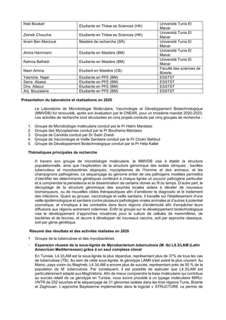 Iheb Boukari
Etudiante en Thèse es Sciences (HK)
Université Tunis El
Manar
Zeineb Choucha Etudiante en Thèse es Sciences (HK)
Université Tunis El
Manar
Ikram Ben Marzouk Mastère de recherche (SR) Université Tunis El
Manar
Amira Hammami Etudiante en Mastère (BM)
Université Tunis El
Manar
Rahma Belhédi Etudiante en Mastère (BM)
Université Tunis El
Manar
Nasri Amina Etudiant en Mastère (CB)
Faculté des sciences de
Bizerte
Yasmine Najar Etudiante en PFE (BM) ESSTST
Sarra Abassi Etudiante en PFE (BM) ESSTST
Ons Ailaoui Etudiante en PFE (BM) ESSTST
Arij Bouzaiene Etudiante en PFE (BM) ESSTST
Présentation du laboratoire et réalisations en 2020
Le Laboratoire de Microbiologie Moléculaire, Vaccinologie et Développement Biotechnologique
(MMVDB) fut renouvelé, après son évaluation par le CNEAR, pour un troisième mandat 2020-2023.
Les activités de recherche sont structurées en cinq projets conduits par cinq groupes de recherche :
1. Groupe de Microbiologie moléculaire conduit par le Pr Helmi Mardassi
2. Groupe des Mycoplasmes conduit par la Pr Boutheina Mardassi
3. Groupe de Candida conduit par Dr Sadri Zneidi
4. Groupe de Vaccinologie et Veille Sanitaire conduit par le Pr Chokri Bahloul
5. Groupe de Développement Biotechnologique conduit par la Pr Héla Kallel
Thématiques principales de recherche
A travers son groupe de microbiologie moléculaire, le MMVDB vise à établir la structure
populationnelle, ainsi que l’exploration de la structure génomique des isolats cliniques : bacilles
tuberculeux et mycobactéries atypiques, mycoplasmes de l’homme et des animaux, et les
champignons pathogènes. Le séquençage du génome entier de ces pathogens modèles permettra
d’identifier les déterminants génétiques conférant à chaque lignée un pouvoir pathogène particulier
et à comprendre la persistence et la dissemination de certains clones au fil du temps. D’autre part, le
décryptage de la structure génomique des souches locales aidera à déceler de nouveaux
biomarqueurs, ou de nouvelles cibles thérapeutiques afin d’améliorer le diagnostic et le traitement
des infections. Quant au groupe, vaccinologie et veille sanitaire, il travaille sur l'établissement d'une
veille épidémiologique et sanitaire contre plusieurs pathologies virales animales et d’autres à potentiel
zoonotique, et s'implique à les combattre dans leurs régions d'endémicité afin d'empêcher leurs
diffusions aux régions autrement indemnes. Enfin le groupe sur le développement biotechnologique
vise le développement d’approches novatrices pour la culture de cellules de mammifères, de
bactéries et de levures, et œuvre à développer de nouveaux vaccins, soit par approche classique,
soit par génie génétique.
Résumé des résultats et des activités réalisées en 2020
1 Groupe de la tuberculose et des mycobactéries
− Expansion réussie de la sous-lignée de Mycobacterium tuberculosis (M. tb) L4.3/LAM (Latin
Amecrican Mediterrenean) grâce à un seul complexe clonal
En Tunisie, L4.3/LAM est la sous-lignée la plus répandue, représentant plus de 37% de tous les cas
de tuberculose (TB). Au sein de cette sous-lignée, le génotype LAM9 s'est avéré le plus courant. Au
Maroc, pays voisin du Maghreb, L4.3/LAM a encore plus de succès, représentant près de 50 % de la
population de M. tuberculosis. Par conséquent, il est possible de spéculer que L4.3/LAM est
particulièrement adapté aux Maghrébins. Afin de mieux comprendre la base moléculaire qui contribue
au succès relatif de ce génotype en Tunisie, nous avons procédé à un typage moléculaire MIRU-
VNTR de 252 souches et le séquençage de 31 génomes isolées dans les trois régions Tunis, Bizerte
et Zaghouan. L’approche Bayésienne implémentée dans le logiciel « STRUCTURE »a permis de
 