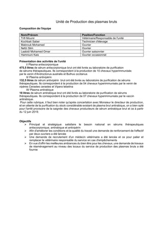 Unité de Production des plasmas bruts
Composition de l'équipe
Nom/Prénom Position/Fonction
Trifi Mounir Vétérinaire/Responsable de l'unité
Kochbati Saber Technicien d'élevage
Mabrouk Mohamed Ouvrier
Nefzi Slim Ouvrier
Laabidi Mohamed Omar Ouvrier saisonnier
Hamrouni Kais Ouvrier occasionnel
Présentation des activités de l'unité
I/ Plasma antiscorpionique
475,5 litres de sérum antiscorpionique brut ont été livrés au laboratoire de purification
de sérums thérapeutiques. Ils correspondent à la production de 10 chevaux hyperimmunisés
par le venin d'Androctonus australis et Buthus occitanus
II/ Plasma antivipérin
132,5 litres de sérum antivipérin brut ont été livrés au laboratoire de purification de sérums
thérapeutiques. Ils correspondent à la production de 04 chevaux hyperimmunisés par le venin de
vipères Cerastes cerastes et Vipera lebetina
III/ Plasma antirabique
18 litres de sérum antirabique brut ont été livrés au laboratoire de purification de sérums
thérapeutiques. Ils correspondent à la production de 07 chevaux hyperimmunisés par le vaccin
antirabique.
Pour cette rubrique, il faut bien noter qu'après concertation avec Monsieur le directeur de production,
et en attente de la purification du stock considérable existant de plasma brut antirabique, on a bien opté
pour l'arrêt provisoire de la saignée des chevaux producteurs de sérum antirabique brut et ce à partir
du 12 juin 2019.
Objectifs
➢ Principal et stratégique: satisfaire le besoin national en sérums thérapeutiques
antiscorpionique, antirabique et antivipérin
➢ Afin d'améliorer les conditions et la qualité du travail une demande de renforcement de l'effectif
par deux ouvriers a été lancée
➢ Une demande de recrutement d'un médecin vétérinaire a été lancée et ce pour palier et
remplacer le vétérinaire responsable du service en cas d'empêchements
➢ En vue d'offrir les meilleures ambiances du bien être pour les chevaux, une demande de travaux
de réaménagement au niveau des locaux du service de production des plasmas bruts a été
fournie
 