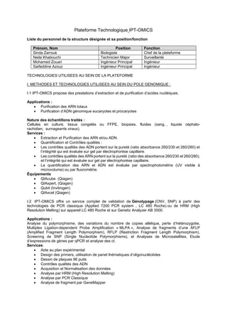 Plateforme Technologique IPT-OMICS
Liste du personnel de la structure désignée et sa position/fonction
Prénom, Nom Position Fonction
Sinda Zarrouk Biologiste Chef de la plateforme
Neila Khabouchi Technicien Major Surveillante
Mohamed Zouari Ingénieur Principal Ingénieur
Saifeddine Azouz Ingénieur Principal Ingénieur
TECHNOLOGIES UTILISEES AU SEIN DE LA PLATEFORME
I. METHODES ET TECHNOLOGIES UTILISEES AU SEIN DU POLE GENOMIQUE :
I.1 IPT-OMICS propose des prestations d’extraction et de purification d’acides nucléiques.
Applications :
• Purification des ARN totaux
• Purification d’ADN génomique eucaryotes et procaryotes
Nature des échantillons traités :
Cellules en culture, tissus congelés ou FFPE, biopsies, fluides (sang, , liquide céphalo-
rachidien, surnageants viraux).
Services :
• Extraction et Purification des ARN et/ou ADN.
• Quantification et Contrôles qualités :
• Les contrôles qualités des ADN portent sur la pureté (ratio absorbance 260/230 et 260/280) et
l’intégrité qui est évaluée sur gel par électrophorèse capillaire.
• Les contrôles qualités des ARN portent sur la pureté (ratio des absorbance 260/230 et 260/280),
et l’intégrité qui est évaluée sur gel par électrophorèse capillaire.
• La quantification des ARN et ADN est évaluée par spectrophotométrie (UV visible à
microvolume) ou par fluorométrie.
Équipements
• QIAcube (Qiagen)
• QIAxpert, (Qiagen)
• Qubit (Invitrogen)
• QIAxcel (Qiagen)
I.2 IPT-OMICS offre un service complet de validation de Génotypage (CNV, SNP) à partir des
technologies de PCR classique (Applied 7200 PCR system , LC 480 Roche) ou de HRM (High
Resolution Melting) sur appareil LC 480 Roche et sur Genetic Analyzer AB 3500.
Applications :
Analyse du polymorphisme, des variations du nombre de copies allèlique, perte d’hétérozygotie,
Multiplex Ligation-dependent Probe Amplification « MLPA », Analyse de fragments d’une AFLP
(Amplified Fragment Length Polymorphism), RFLP (Restriction Fragment Length Polymorphism),
Screening de SNP (Single Nucleotide Polymorphisms), et Analyses de Microsatellites, Etude
d’expressions de gènes par qPCR et analyse des ct.
Services:
• Aide au plan expérimental
• Design des primers, utilisation de panel thématiques d’oligonucléotides
• Dessin de plaques 96 puits
• Contrôles qualités des ADN
• Acquisition et Normalisation des données
• Analyse par HRM (High Resolution Melting)
• Analyse par PCR Classique
• Analyse de fragment par GeneMapper
 