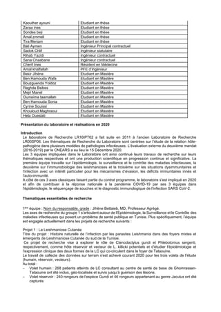 Kaouther ayouni Etudiant en thèse
Zaraa ines Etudiant en thèse
Sondes beji Etudiant en thèse
Amal zmmeli Etudiant en thèse
Tira Meriam Etudiant en thèse
Bali Aymen Ingénieur Principal contractuel
Sadok Chlif Ingénieur statutaire
Rihab Yazidi Ingénieur contractuel
Sana Chaabane Ingénieur contractuel
Cherif Ines Résident en Médecine
Amal khalfallah PFE d’Ingénieur
Bekir Jihène Etudiant en Mastère
Ben Hamouda Wafa Etudiant en Mastère
Bouzguenda Yoldoz Etudiant en Mastère
Raghda Bsibes Etudiant en Mastère
Mejri Manel Etudiant en Mastère
Oumeima taamallah Etudiant en Mastère
Ben Hamouda Sonia Etudiant en Mastère
Cyrine Souissi Etudiant en Mastère
Khouloud Maghraoui Etudiant en Mastère
Hela Oueslati Etudiant en Mastère
Présentation du laboratoire et réalisations en 2020
Introduction
Le laboratoire de Recherche LR16IPT02 a fait suite en 2011 à l’ancien Laboratoire de Recherche
LR00SP06. Les thématiques de Recherche du Laboratoire sont centrées sur l’étude de la relation hôte-
pathogène dans plusieurs modèles de pathologies infectieuses. L’évaluation externe du deuxième mandat
(2016-2019) par le CNEARS a eu lieu le 15 Décembre 2020.
Les 3 équipes impliquées dans le Laboratoire ont ainsi continué leurs travaux de recherche sur leurs
thématiques respectives et ont une production scientifique en progression continue et significative. La
première équipe travaille sur l’épidémiologie, la surveillance et le contrôle des maladies infectieuses, la
deuxième sur l’immunobiologie des leishmanioses et la troisième sur les situations dysimmunitaires et
l’infection avec un intérêt particulier pour les mécanismes d’évasion, les déficits immunitaires innés et
l’auto-immunité.
A côté de ces 3 axes classiques faisant partie du contrat programme, le laboratoire s’est impliqué en 2020
et afin de contribuer à la réponse nationale à la pandémie COVID-19 par ses 3 équipes dans
l’épidémiologie, le séquençage de souches et le diagnostic immunologique de l’infection SARS CoV-2.
Thematiques essentielles de recherche
1ère équipe : Nom du responsable, grade : Jihène Bettaieb, MD, Professeur Agrégé.
Les axes de recherche du groupe 1 s’articulent autour de l’Epidémiologie, la Surveillance et le Contrôle des
maladies infectieuses qui posent un problème de santé publique en Tunisie. Plus spécifiquement, l’équipe
est engagée actuellement dans les projets de recherche suivants :
Projet 1 : La Leishmaniose Cutanée
Titre du projet : Histoire naturelle de l’infection par les parasites Leishmania dans des foyers mixtes et
émergents de Leishmaniose Cutanée du sud de la Tunisie.
Ce projet de recherche vise à explorer le rôle de Ctenodactylus gundi et Phlebotomus sergenti,
respectivement, comme hôte réservoir et vecteur de L. killicki potentiels et d'étudier l'épidémiologie et
l’expression clinique des deux formes de la LC qui co-circulent dans le foyer de Tataouine.
Le travail de collecte des données sur terrain s’est achevé courant 2020 pour les trois volets de l’étude
(humain, réservoir, vecteurs).
Au total :
– Volet humain : 268 patients atteints de LC consultant au centre de santé de base de Ghomrassen-
Tataouine ont été inclus, géo-localisés et suivis jusqu’à guérison des lésions.
– Volet réservoir : 240 rongeurs de l’espèce Gundi et 46 rongeurs appartenant au genre Jaculus ont été
capturés
 