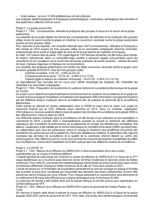 – Volet vecteur : environ 10.000 phlébotomes ont été collectés
Les analyses épidémiologiques et biologiques (parasitologique, moléculaire, sérologique) des données et
des spécimens collectés sont en cours.
Projet 2 : La grippe saisonnière
Projet 2.1 : Titre : Connaissances, attitudes et pratiques des groupes à risque sur le vaccin de la grippe
saisonnière.
Les objectifs de ce projet étaient de décrire les connaissances, les attitudes et les pratiques des groupes
cibles envers le vaccin contre la grippe et d’estimer la couverture vaccinale contre la grippe saisonnière
auprès de trois groupes cibles.
Pour répondre à ces objectifs, une enquête nationale type CAP (Connaissances, Attitudes et Pratiques) a
été menée en 2019 auprès de trois groupes cibles de la vaccination antigrippale (femmes enceintes,
professionnels de la santé et sujets âgés de plus de 65 ans et atteints de maladies chroniques)
Au total, 1231 personnels de santé, 1191 sujets âgés et 1157 femmes enceintes ont été inclus dans l’étude.
Ils étaient sélectionnés selon un échantillonnage stratifié à plusieurs degrés auto-pondéré parmi les
consultants et les travailleurs de la santé des structures publiques de santé suivantes : centres de santé
de base, hôpitaux régionaux et hôpitaux de circonscriptions.
Les résultats des analyses préliminaires ont révélé une faible couverture vaccinale contre la grippe, pour
la saison grippale 2018-2019, chez les trois groupes cibles :
− Femmes enceintes: 4,4% (IC : à 95% [3,3-5,7])
− Professionnels de la santé : 15,3% (IC : à 95% [13,3-17,2])
− Patients âgés et atteints de maladies chroniques : 19,4% (IC : à 95% [14,1-21,9])
Le dépouillement des données est en cours pour affiner davantage les analyses afin d’identifier les
obstacles à la vaccination antigrippale.
Projet 2.2 : Titre : Préparation de la pérennité du système national de surveillance électronique de la grippe
en Tunisie.
Ce projet a pour objectif principal d'optimiser le fonctionnement du système de surveillance de la grippe en
Tunisie et d'accompagner l'installation et l'utilisation de l'application IMS (Information management System)
par les différents acteurs impliqués dans la surveillance afin de préparer la pérennité de la surveillance
électronique.
Cette activité se déroule en étroite collaboration avec la DSSB et entre dans le cadre d’un projet de
recherche financé par le CDC d’Atlanta ayant démarré en 2014. Dans ce contexte, l’application
informatique du nouveau système électronique de gestion des données de surveillance de la grippe (IMS) a
été, effectivement, mise en place en 2019.
Les différents acteurs impliqués dans la surveillance ont été formés à son utilisation et son exploitation a
commencé fin 2019. L’année 2020 a essentiellement consisté au recueil du feedback des différents
utilisateurs afin d’améliorer la performance de la plateforme et corriger les défaillances constatées. Par
ailleurs, l’application a été validée par le centre informatique du ministère de la santé (CIMS) qui désormais,
en collaboration avec tous les partenaires, prend en charge la résolution des problèmes rencontrés afin
d’améliorer les performances de la plateforme. Parmi les défaillances notifiées, la génération des rapports
d’analyse des données de surveillance et la qualité de la connexion internet étaient au centre des
préoccupations. Des réflexions sont en cours pour prendre les mesures nécessaires susceptibles de pallier
ces insuffisances, notamment l’installation de la fibre optique dans les différents centres de surveillance.
Projet 3 : La COVID 19
Projet 3.1 : Titre : Mesure de la diffusion du SARS-COV-2 dans la population dans deux zones
caractérisées par un niveau d’incidence différent
L’objectif général de cette étude est d’estimer le niveau de diffusion du SARS-CoV-2 à l’issue de la 2ième
vague épidémique qui a touché le pays dans les zones de fortes incidences et dans les zones de faibles
incidences. Pour cette fin, une étude séro-épidémiologique transversale de porte à porte dans deux zones
d’incidences différentes (Hotspot et faible incidence) de la ville de Tunis sera menée en 2021.
L’étude se basera sur un échantillon de la population générale tiré au sort par sondage en grappe à l’échelle
des quartiers et sera donc constituée par l’ensemble des membres des foyers sélectionnés. Environ 800
personnes seront incluses par zone d’étude. Pour chaque participant un questionnaire sera administré et
un prélèvement de sang sera effectué pour analyse sérologique avec la technique ELISA.
Le protocole de l’étude a été finalisé ainsi que le dossier éthique et ont été soumis pour approbation au
comité d’éthique de l’IPT.
Projet 3.2. Titre : Mesure de la diffusion du SARS-COV-2 parmi le personnel de l’Institut Pasteur de
Tunis
On cherche à travers cette étude à estimer le niveau de diffusion du SARS-CoV-2 à l’issue de la saison
grippale 2020-2021 parmi le personnel de l’IPT. Pour cela, une étude séro-épidémiologique transversale
 