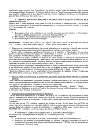 identification morphologique pour l’identification des espèces est en cours de réalisation. Des couples
d’amorces spécifiques des espèces d’hérissons Atelerix algirus et Paraechinus aethiopicus ont été conçues
pour amplifier les séquences du gène Cytochrome b, pour montrer l’implication du hérisson comme réservoir
potentiel de la leishmaniose dans cette région.
3 : Génération et évaluation comparée de nouveaux outils de diagnostic moléculaire de la
leishmaniose cutanée.
Bel Hadj Ali I, Y. Saadi (Ingénieur, Thèse initiée en 2019), H. Chouaieb, I. Mkada (Post doc ; jusqu’en mars
2020), H. Souguir (post doc), E. Harigua (Data management), M. Ould Mouloud (PFE), A. Yacoub, O. Rhouma
(PFE), A. Fathallah Mili, I. Guizani
Objectifs :
1. Développement de tests moléculaires de nouvelle génération pour la détection et l’identification
sensible et spécifique des parasites Leishmania chez des patients LC
2. Mise en place d'une biobanque de prélèvements de patients de QA
3. Evaluation comparée des outils développés
Financements : 2 Contrats IAEA (2006 & 2009) / objectif 1; LR00SP04, LR11IPT04 & LR16IPT04/ Objectifs
1-3; 2 Contrats PEER du NAS-USAID/ objectif 1 ; Projet 2 du CIC-IPT / objectifs 2 & 3;
1.1 Développement de tests moléculaires de nouvelle génération pour la détection et l’identification sensible
et spécifique des parasites Leishmania chez des patients atteints de leishmaniose cutanée :
- Plusieurs cibles moléculaires spécifiques d'espèces pour la détection et l'identification des parasites
Leishmania par des outils bioinformatiques ont été identifiées, et certaines ont été caractérisées de manière
plus approfondie (BelHaldj Ali et al, soumis ; Mkada et al, en préparation)
- Une ultra fast PCR duplexe couplée à une détection sur lateral flow pour la détection et l’identification des
parasites Leishmania a été mise en place. Cette duplexe a été testée sur des parasites de références (N=35)
pour sa reproductibilité et sa stabilité. La limite de détection de cette duplexe testée sur une série de dilution
des ADNs parasitaires était de 4 parasites par réaction (PFE O. Rhouma).
-Des tests simplexes spécifiques d’espèces (1 test/espèce) basés sur des amplifications isothermes couplés
à une détection sur dipsticks de type lateral flow ont été mis en place et sont en cours d’évaluation sur des
prélèvements de patients atteints de leishmaniose cutanée (I. Bel Hadj Ali, Y. Saadi, H. Souguir).
-Des tests multiplexes basés sur une amplification isotherme couplée à des dipsticks de type Printed Assay
Strip (PAS) (N=2) sont en cours de développement (Thèse Y. Saadi).
1.2 Mise en place d'une biobanque de prélèvement de patients selon les normes éthiques et de bonne
pratique :
- Une collection de prélèvements de patients atteints de Leishmaniose Cutanée (Cas) ainsi que de patients
atteints d'autres pathologies cutanées (non-cas) en plus des données épidémiologiques et cliniques qui leur
sont relatifs ont été collectés (H. Chouaieb, A. Yacoub, A. Fahtallah Mili).
- Les ADN de ces prélèvements ont éte extraits, codés et stockés (H. Chouaieb, H. Souguir, Y. Saadi).
- Une plateforme digitale pour la gestion et l’analyse des données cliniques, épidémiologiques et moléculaires
a été mise en place (Harigua et al., soumis).
1.3 Evaluation comparée des tests moléculaires développés
-Un test moléculaire basé sur une PCR-HRM a été évalué sur un échantillon de prélèvements cutanés
(N=578) dont des cas de leishmaniose cutanée (N= 278) et des non-cas. Ce test a montré une sensibilité de
70% et une Spécificité de 94% comparé à l’examen direct comme gold standard (Saadi et al., en cours de
préparation)
-Un test basé sur une PCR multiplexe couplée à des dipsticks de type « Printed Assay Strip » (PAS) a été
mis en place et pré-évalué sur un échantillon de N=80 prélèvements de patients suspects de leishmaniose
cutanée. Cette pré-évaluation a montré des spécificités et sensibilité de 100% quand l’examen direct et la
PCR RFLP ITS1 sont utilisés comme techniques de référence (Thèse Y. Saadi).
4 : Protéines de Leishmania : Caractérisation et applications thérapeutiques
M. Barhoumi, M. Mokdadi (thèse en finalisation), Y.Z. Abdelkrim (Post doc), I. Guizani
Objectifs :
1. Caractérisation moléculaire de la protéine Ded1 putative de l’espèce Leishmania infantum
2. Evaluation du potentiel immuno-thérapeutique du parasite Leishmania tarentolae exprimant la
protéine LieIF et/ou la protéine salivaire du Phlebotomus papatasi PPTSP44, chez des souris BALB/c
infectées par Leishmania major
 