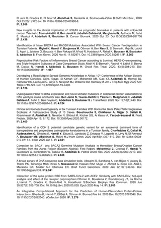 El Jeni R, Ghedira K, El Bour M, Abdelhak S, Benkahla A, Bouhaouala-Zahar B.BMC Microbiol., 2020
Oct 23;20(1):322 doi: 10.1186/s12866-020-01980-8.
IF: 2.989
New insights to the clinical implication of HOXA5 as prognostic biomarker in patients with colorectal
cancer. Yaiche H, Tounsi-Kettiti H, Ben Jemii N, Jaballah Gabteni A, Mezghanni N, Ardhaoui M, Fehri
E, Maaloul A, Abdelhak S, Boubaker S. Cancer Biomark. 2020 Oct 23. Doi:10.3233/CBM-201758
IF :3.436
Identification of Novel BRCA1 and RAD50 Mutations Associated With Breast Cancer Predisposition in
Tunisian Patients. Mighri N, Hamdi Y, Boujemaa M, Othman H, Ben Nasr S, El Benna H, Mejri N, Labidi
S, Ayari J, Jaidene O, Bouaziz H, Ben Rekaya M, M’rad R, Haddaoui A, Rahal K, Boussen H, Boubaker
S, Abdelhak S. Front Genet. 2020 Nov 6; 11:552971. Doi: 10.3389/fgene.2020.552971. IF :3.360
Reproductive Risk Factors of Inflammatory Breast Cancer according to Luminal, HER2-Overexpressing,
and Triple-Negative Subtypes: A Case Comparison Study. Mejri N, El Benna H, Rachdi H, Labidi S, Benna
M, Daoud N, Hamdi Y, Abdelhak S, Boussen H. Oncol Res Treat. 2020; 43(5):204-210. Doi:
10.1159/000506691.IF : 1.967
Developing a Road Map to Spread Genomic Knowledge in Africa: 10th Conference of the African Society
of Human Genetics, Cairo, Egypt. El-Kamah GY, Mohamed AM, Gad YZ, Abdelhak S, Hennig BJ,
Ramesar RS, Landouré G, Gaye A, Newport MJ, Williams SM, Ramsay M. Am J Trop Med Hyg. 2020 Apr;
102(4):719-723. Doi: 10.4269/ajtmh.19-0408.
IF: 2.126
Dysregulated PDGFR alpha expression and novel somatic mutations in colorectal cancer: association to
RAS wild type status and tumor size. Ben Jemii N, Tounsi-Kettiti H, Yaiche H, Mezghanni N, Jaballah
Gabteni A, Fehri E, Ben Fayala C, Abdelhak S, Boubaker S.J Transl Med. 2020 Nov 19;18(1):440. Doi:
10.1186/s12967-020-02614-3. IF: 4.124
Clinical and Genetic Heterogeneity in Six Tunisian Families With Horizontal Gaze Palsy With Progressive
Scoliosis: A Retrospective Study of 13 Cases. Bouchoucha S, Chikhaoui A, Najjar D, Dallali H,
Khammessi M, Abdelhak S, Nessibe N, Shboul M, Kircher SG, Al Kaissi A, Yacoub-Youssef H. Front
Pediatr. 2020 Apr 16; 8:172. Doi: 10.3389/fped.2020.00172.
IF: 2.460
Identification of a CDH12 potential candidate genetic variant for an autosomal dominant form of
transgrediens and progrediens palmoplantar keratoderma in a Tunisian family. Charfeddine C, Dallali H,
Abdessalem G, Ghedira K, Hamdi Y, Elouej S, Landoulsi Z, Delague V, Lagarde A, Levy N, El-Amraoui
A, Boubaker MS, Abdelhak S, Mokni M.J Hum Genet. 2020 Apr;65(4):397-410. Doi: 10.1038/s10038-
019-0711-4. Epub 2020 Jan 7. IF: 2.831
Correction to: BRCA1 and BRCA2 Germline Mutation Analysis in Hereditary Breast/Ovarian Cancer
Families from the Aures Region (Eastern Algeria): First Report. Mehemmai C, Cherbal F, Hamdi Y,
Guedioura A, Benbrahim W, Bakour R, Abdelhak S. Pathol Oncol Res. 2020 Jul;26(3):2009-2010. Doi:
10.1007/s12253-019-00625-0. IF: 2.826
A broad survey of DNA sequence data simulation tools. Alosaimi S, Bandiang A, van Biljon N, Awany D,
Thami PK, Tchamga MSS, Kiran A, Messaoud O, Hassan RIM, Mugo J, Ahmed A, Bope CD, Allali I,
Mazandu GK, Mulder NJ, Chimusa ER. Brief Funct Genomics. 2020 Jan 22;19(1):49-59. Doi:
10.1093/bfgp/elz033. IF:2.941
Interaction of the spike protein RBD from SARS-CoV-2 with ACE2: Similarity with SARS-CoV, hot-spot
analysis and effect of the receptor polymorphism.Othman H, Bouslama Z, Brandenburg JT, da Rocha
J, Hamdi Y, Ghedira K, Srairi-Abid N, Hazelhurst S.Biochem Biophys Res Commun. 2020 Jun
30;527(3):702-708. Doi: 10.1016/j.bbrc.2020.05.028. Epub 2020 May 14. IF: 2.985
An Integrative Computational Approach for the Prediction of Human-Plasmodium Protein-Protein
Interactions. Ghedira K, Hamdi Y, El Béji A, Othman H. Biomed Res Int. 2020 Dec 19;2020:2082540. Doi:
10.1155/2020/2082540. eCollection 2020. IF: 2.276
 