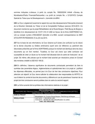 130	 	 	
	
sommes indiquées ci-dessus, à partir du compte No. 1660020244 intitulé « Bureau de
Monétisation/Partie Financée/Petrocaribe » au profit du compte No. « 121207472/ Compte
Spécial du Trésor pour le Développement », domicilié à la BRH.
236 La Cour a également examiné le rapport de suivi des décaissements Petrocaribe émanant
de la Direction Générale du Trésor et de la Comptabilité Publique exercice 2014-2015. Ce
document mentionne que le projet Réhabilitation de la Route Borgne / Petit Bourg de Borgne a
bénéficié d’un décaissement de 15 071 315,14 USD en faveur de la firme AGRITRANS S.A,
viré au compte numéro 2760-000357 domicilié à la BNC, suivant correspondance du MEF
DT/CC/PIP-PETRO055/05-15 du 26 mai 2015.
237 Sur la base de ces informations, la Cour observe qu’il existe une confusion sur la nature
de la devise (Gourdes ou Dollars américains) ayant servi de référence au paiement des
décomptes présentés par la firme AGRITRANS puisque le montant est identique dans les deux
documents qui en font mention. Toutefois, la Cour est d’avis que cette confusion est
susceptible de créer un doute sur le montant réel décaissé dans le cadre de l’exécution de ce
projet. De même, elle précise que le montant total autorisé par résolutions prises en Conseil
des ministres s’établit à USD 633 199,52.
238 En définitive, l’absence significative de documents contractuels permettant de faire la
synthèse des paramètres légaux, réglementaires et opérationnels liés à ce projet et justifiant
les dépenses effectuées, ne permet pas à la Cour de tirer des conclusions objectives. Pour
atteindre cet objectif, la Cour devra solliciter la collaboration des responsables du MTPTC en
vue d’obtenir le contrat et tous les documents y afférents en vue de parachever l’examen de ce
projet dont les conclusions seront publiées dans le cadre du second rapport.
239 La fiche suivante fait la synthèse des informations relatives à ce projet :
INSTITUTION AUDITÉE
MINISTERE DES TRAVAUX PUBLICS, TRANSPORT, ENERGIE ET COMMUNICATION (MTPTEC)
DIRECTION DES TRAVAUX PUBLICS (DTP)
NOM DU PROJET
Réhabilitation du Tronçon Route Borgne / Petit Bourg de Borgne
RÉSOLUTIONS 18-07-2012 : 1 000 000,00 USD
15-04-2012 : 366 800,48 USD (Désaffectation du solde)
Total : 633 199,52 USD
 
