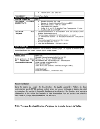 141	 	 	
	
§ 15 avril 2015 : USD 4 562 018
FINANCEMENT Fonds Petro Caribe
RÉCAPITULATIF DES RÉSULTATS
GESTION DE PROJET MPCE
PROCESSUS D’OCTROI
DES CONTRATS
§ Mode d’attribution : gré à gré
§ La date de signature du contrat Novembre 2012
§ Montant du contrat : 7 696 012 $USD
§ Délai d'exécution: 18 mois
§ Arrêté du 20 avril 2010 décrétant l’état d’urgence pour 18 mois;
§ Avis favorable de la CSC/CA
EXÉCUTION DES
TRAVAUX
§ Des décaissements ont eu lieu le 21 Mars 2014, soit quinze (15) mois
après la signature du contrat.
§ Aucune analyse préalable n’est faite en amont à ce projet
§ Les informations relatives à la description des travaux n’ont pas été
fournies.
§ Absence du rapport d’avancement des travaux.
§ Aucune description des travaux.
§ Total des décaissements : USD 6 021 346,51.
BILAN DU PROJET
Aucune analyse préalable des besoins n’a été faite en amont du projet. Les rapports de livraison et de
l’état d’avancement des travaux n’ont été fournis dans le dossier.
RESPONSABILITÉS
Premier niveau
Noms, prénoms et titres
des responsables de
l'administration Centrale
MINISTRE :
Monsieur Laurent Salvador LAMOTHE (MPCE)
Monsieur Yves Germain JOSEPH (MPCE)
Michel PRESUME, Secrétaire d’État à la Planification
Marie Carmelle JEAN Marie (MEF)
Wilson LALEAU (MEF)
ABEL METELLUS (Directeur Général du Budget au MEF)
CONTRACTANT :
Gianfranco FIORENZA Directeur IBT, LLC
Recommandation
Dans le cadre du projet de Construction du Lycée Alexandre Pétion, la Cour
recommande que le MPCE applique en tout temps les bonnes pratiques de gestion de projet
en respectant des standards de qualité élevés dans la préparation des dossiers ainsi que dans
l’élaboration et les suivis des budgets et des échéanciers, tout en portant une attention
particulière au budget prévisionnel établi par résolution.
	
2.3.4.	Travaux	de	réhabilitation	d’urgence	de	la	route	Jacmel-La	Vallée	
 