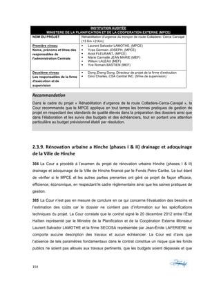 154	 	 	
	
INSTITUTION AUDITÉE
MINISTERE DE LA PLANIFICATION ET DE LA COOPERATION EXTERNE (MPCE)
NOM DU PROJET Réhabilitation d’urgence du tronçon de route Colladere- Cerca Carvajal
(13 Km +2 Km)
Première niveau
Noms, prénoms et titres des
responsables de
l'administration Centrale
§ Laurent Salvador LAMOTHE, (MPCE)
§ Yves Germain JOSEPH, (MPCE)
§ Aviol FLEURANT, (MPCE)
§ Marie Carmelle JEAN MARIE (MEF)
§ Wilson LALEAU (MEF)
§ Yve Romain BASTIEN (MEF)
Deuxième niveau
Les responsables de la firme
d’exécution et de
supervision
§ Dong Zheng Dong, Directeur de projet de la firme d’exécution
§ Gino Charles, CSA Central INC. (firme de supervision)
Recommandation	
Dans le cadre du projet « Réhabilitation d’urgence de la route Colladère-Cerca-Cavajal », la
Cour recommande que le MPCE applique en tout temps les bonnes pratiques de gestion de
projet en respectant des standards de qualité élevés dans la préparation des dossiers ainsi que
dans l’élaboration et les suivis des budgets et des échéanciers, tout en portant une attention
particulière au budget prévisionnel établi par résolution.
2.3.9.	Rénovation	urbaine	a	Hinche	(phases	I	&	II)	drainage	et	adoquinage	
de	la	Ville	de	Hinche	
304 La Cour a procédé à l’examen du projet de rénovation urbaine Hinche (phases I & II)
drainage et adoquinage de la Ville de Hinche financé par le Fonds Petro Caribe. Le but étant
de vérifier si le MPCE et les autres parties prenantes ont géré ce projet de façon efficace,
efficience, économique, en respectant le cadre règlementaire ainsi que les saines pratiques de
gestion.
305 La Cour n’est pas en mesure de conclure en ce qui concerne l’évaluation des besoins et
l’estimation des coûts car le dossier ne contient pas d’information sur les spécifications
techniques du projet. La Cour constate que le contrat signé le 20 décembre 2012 entre l’État
Haïtien représenté par le Ministre de la Planification et de la Coopération Externe Monsieur
Laurent Salvador LAMOTHE et la firme SECOSA représentée par Jean-Émile LAFERIERE ne
comporte aucune description des travaux et aucun échéancier. La Cour est d’avis que
l’absence de tels paramètres fondamentaux dans le contrat constitue un risque que les fonds
publics ne soient pas alloués aux travaux pertinents, que les budgets soient dépassés et que
 