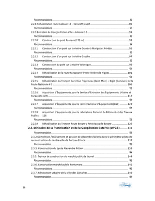 16	 	 	
	
Recommandations................................................................................................................................89	
2.2.8	Réhabilitation	route	Laboule	12	–	Kenscoff-Ouest	.......................................................	89	
Recommandations................................................................................................................................90	
2.2.9	Entretien	du	tronçon	Petion-Ville	–	Laboule	12	...........................................................	91	
Recommandations................................................................................................................................92	
2.2.10	 Construction	du	pont	Roseaux	(170	ml)	...............................................................	93	
Recommandations................................................................................................................................94	
2.2.11	 Construction	d’un	pont	sur	la	rivière	Grande	à	Marigot	et	Pérédo	........................	95	
Recommandations................................................................................................................................96	
2.2.12	 Construction	d’un	pont	sur	la	rivière	Gauche	.......................................................	97	
Recommandations................................................................................................................................99	
2.2.13	 Construction	du	pont	sur	la	rivière	Voldrogue	......................................................	99	
Recommandations..............................................................................................................................101	
2.2.14	 Réhabilitation	de	la	route	Miragoane–Petite-Rivière	de	Nippes	..........................	101	
Recommandations..............................................................................................................................104	
2.2.15	 Réhabilitation	du	Tronçon	Carrefour	Freycineau	(Saint	Marc)	–	Bigot	(Gonaïves)	de	la	
Route	Nationale	#	1	..........................................................................................................	105	
Recommandations..............................................................................................................................116	
2.2.16	 Acquisition	d’Équipements	pour	le	Service	d’Entretien	des	Équipements	Urbains	et	
Ruraux	(SEEUR)	.................................................................................................................	117	
Recommandations..............................................................................................................................121	
2.2.17	 Acquisition	d’Équipements	pour	le	centre	National	d’Équipements(CNE)	...........	122	
Recommandations..............................................................................................................................125	
2.2.18	 Acquisition	d’équipements	pour	le	Laboratoire	National	du	Bâtiment	et	des	Travaux	
Publics.	 126	
Recommandations..............................................................................................................................128	
2.2.19	 Réhabilitation	du	Tronçon	Route	Borgne	/	Petit	Bourg	de	Borgne	......................	129	
2.3.	Ministère de la Planification et de la Coopération Externe (MPCE)	...........	131	
Recommandation................................................................................................................................136	
2.3.2	Démolition	/enlèvement	et	gestion	de	décombre/débris	dans	le	périmètre	pilote	de	
reconstruction	du	centre-ville	de	Port-au-Prince.	...........................................................	137	
Recommandation................................................................................................................................139	
2.3.3.	Construction	du	Lycée	Alexandre	Pétion	..............................................................	139	
Recommandation................................................................................................................................144	
2.3.5.	Travaux	de	construction	du	marché	public	de	Jacmel	...............................................	144	
Recommandation................................................................................................................................146	
2.3.6.	Construction	marché	public	Fontamara	................................................................	146	
Recommandations..............................................................................................................................149	
2.3.7.	Rénovation	urbaine	de	la	ville	des	Gonaïves	.........................................................	149	
Recommandation................................................................................................................................151	
 