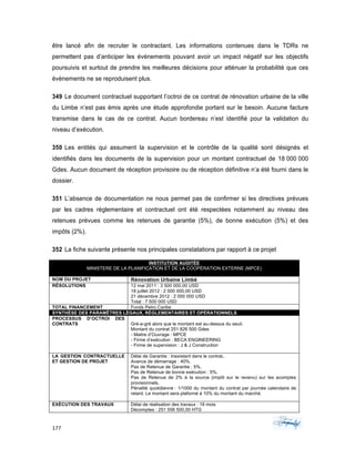 177	 	 	
	
être lancé afin de recruter le contractant. Les informations contenues dans le TDRs ne
permettent pas d’anticiper les événements pouvant avoir un impact négatif sur les objectifs
poursuivis et surtout de prendre les meilleures décisions pour atténuer la probabilité que ces
événements ne se reproduisent plus.
349 Le document contractuel supportant l’octroi de ce contrat de rénovation urbaine de la ville
du Limbe n’est pas émis après une étude approfondie portant sur le besoin. Aucune facture
transmise dans le cas de ce contrat. Aucun bordereau n’est identifié pour la validation du
niveau d’exécution.
350 Les entités qui assument la supervision et le contrôle de la qualité sont désignés et
identifiés dans les documents de la supervision pour un montant contractuel de 18 000 000
Gdes. Aucun document de réception provisoire ou de réception définitive n’a été fourni dans le
dossier.
351 L’absence de documentation ne nous permet pas de confirmer si les directives prévues
par les cadres réglementaire et contractuel ont été respectées notamment au niveau des
retenues prévues comme les retenues de garantie (5%), de bonne exécution (5%) et des
impôts (2%).
352 La fiche suivante présente nos principales constatations par rapport à ce projet
INSTITUTION AUDITÉE
MINISTERE DE LA PLANIFICATION ET DE LA COOPÉRATION EXTERNE (MPCE)
NOM DU PROJET Rénovation Urbaine Limbé
RÉSOLUTIONS 12 mai 2011 : 3 500 000,00 USD
18 juillet 2012 : 2 000 000,00 USD
21 décembre 2012 : 2 000 000 USD
Total : 7 500 000 USD
TOTAL FINANCEMENT Fonds Petro Caribe
SYNTHÈSE DES PARAMÊTRES LÉGAUX, RÉGLEMENTAIRES ET OPÉRATIONNELS
PROCESSUS D’OCTROI DES
CONTRATS Gré-a-gré alors que le montant est au-dessus du seuil.
Montant du contrat 251 826 500 Gdes
- Maitre d’Ouvrage : MPCE
- Firme d’exécution : BECA ENGINEERING
- Firme de supervision : J & J Construction
LA GESTION CONTRACTUELLE
ET GESTION DE PROJET
Délai de Garantie : Inexistant dans le contrat.
Avance de démarrage : 40%.
Pas de Retenue de Garantie : 5%.
Pas de Retenue de bonne exécution : 5%.
Pas de Retenue de 2% à la source (impôt sur le revenu) sur les acomptes
provisionnels.
Pénalité quotidienne : 1/1000 du montant du contrat par journée calendaire de
retard. Le montant sera plafonné à 10% du montant du marché.
EXÉCUTION DES TRAVAUX Délai de réalisation des travaux : 18 mois
Décomptes : 251 556 500,00 HTG
 