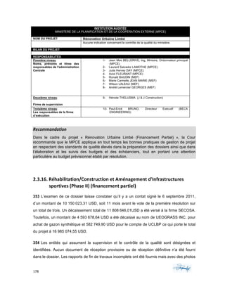 178	 	 	
	
INSTITUTION AUDITÉE
MINISTERE DE LA PLANIFICATION ET DE LA COOPÉRATION EXTERNE (MPCE)
NOM DU PROJET Rénovation Urbaine Limbé
Aucune indication concernant le contrôle de la qualité du ministère.
BILAN DU PROJET
RESPONSABILITÉS
Première niveau
Noms, prénoms et titres des
responsables de l'administration
Centrale
1- Jean Max BELLERIVE, Ing, Ministre, Ordonnateur principal
(MPCE)
2- Laurent Salvador LAMOTHE (MPCE)
3- Jude Hervey DAY (MPCE)
4- Aviol FLEURANT (MPCE)
5- Ronald BAUDIN (MEF)
6- Marie Carmelle JEAN MARIE (MEF)
7- Wilson LALEAU (MEF)
8- André Lemercier GEORGES (MEF)
Deuxième niveau
Firme de supervision
9- Hérode THELUSMA (J & J Construction)
Troisième niveau
Les responsables de la firme
d’exécution
10- Paul-Erick BRUNO, Directeur Exécutif (BECA
ENGINEERING)
Recommandation	
Dans le cadre du projet « Rénovation Urbaine Limbé (Financement Partiel) », la Cour
recommande que le MPCE applique en tout temps les bonnes pratiques de gestion de projet
en respectant des standards de qualité élevés dans la préparation des dossiers ainsi que dans
l’élaboration et les suivis des budgets et des échéanciers, tout en portant une attention
particulière au budget prévisionnel établi par résolution.
	
	
2.3.16.	Réhabilitation/Construction	et	Aménagement	d'Infrastructures	
sportives	(Phase	II)	(financement	partiel)	
353 L’examen de ce dossier laisse constater qu’il y a un contat signé le 6 septembre 2011,
d’un montant de 10 150 023,31 USD, soit 11 mois avant le vote de la première résolution sur
un total de trois. Un décaissement total de 11 808 646,01USD a été versé à la firme SECOSA.
Toutefois, un montant de 4 593 678,64 USD a été décaissé au nom de UEOGRASS INC. pour
achat de gazon synthétique et 582 749,90 USD pour le compte de UCLBP ce qui porte le total
du projet à 16 985 074,55 USD.
354 Les entités qui assument la supervision et le contrôle de la qualité sont désignées et
identifiées. Aucun document de réception provisoire ou de réception définitive n’a été fourni
dans le dossier. Les rapports de fin de travaux incomplets ont été fournis mais avec des photos
 