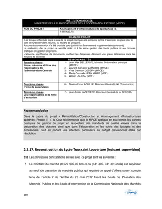180	 	 	
	
INSTITUTION AUDITÉE
MINISTERE DE LA PLANIFICATION ET DE LA COOPÉRATION EXTERNE (MPCE)
NOM DU PROJET Aménagement d’Infrastructures de sport phase II.
1 658 622,70.
BILAN DU PROJET
Les travaux effectués dans le cas de ce projet n’ont pas été achevés. A titre d’exemple, on peut citer le
parc de Gressier dans l’Ouest, ou le parc de Leogane.
Aucune documentation n’a été produite pour justifier un financement supplémentaire (avenant).
La réalisation de ce projet ne semble obéir ni à la saine gestion des fonds publics ni aux bonnes
pratiques de gestion de projets.
L’absence significative de documents justifiant les dépenses dénotent une grave déficience dans les
moyens de contrôle.
RESPONSABILITÉS
Première niveau
Noms, prénoms et titres des
responsables de
l'administration Centrale
1- Jean Max BELLERIVE, Ministre, Ordonnateur principal
(MPCE)
2- Laurent Salvador LAMOTHE (MPCE)
3- Yves Germain JOSEPH (MPCE)
4- Marie Carmelle JEAN MARIE (MEF)
5- Wilson LALEAU (MEF)
Deuxième niveau
Firme de supervision
6- Nicolas Ernst ACHILLE, Directeur Général (J&J Construction)
Troisième niveau
Les responsables de la firme
d’exécution
7- Jean-Émile LAFERIERE, Directeur Général de la SECOSA
Recommandation	
Dans le cadre du projet « Réhabilitation/Construction et Aménagement d'Infrastructures
sportives (Phase II) », la Cour recommande que le MPCE applique en tout temps les bonnes
pratiques de gestion de projet en respectant des standards de qualité élevés dans la
préparation des dossiers ainsi que dans l’élaboration et les suivis des budgets et des
échéanciers, tout en portant une attention particulière au budget prévisionnel établi par
résolution.
	
	
2.3.17.	Reconstruction	du	Lycée	Toussaint	Louverture	(incluant	supervision)	
359 Les principales constatations en lien avec ce projet sont les suivantes :
§ Le montant du marché (8 029 900,00 USD) ou (341,400, 031.39 Gdes) est supérieur
au seuil de passation de marchés publics qui requiert un appel d’offres ouvert compte
tenu de l’article 2 de l’Arrêté du 25 mai 2012 fixant les Seuils de Passation des
Marchés Publics et les Seuils d’Intervention de la Commission Nationale des Marchés
 