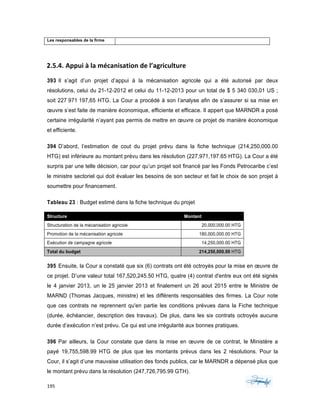 195	 	 	
	
Les responsables de la firme
2.5.4. Appui	à	la	mécanisation	de	l’agriculture	
393 Il s’agit d’un projet d’appui à la mécanisation agricole qui a été autorisé par deux
résolutions, celui du 21-12-2012 et celui du 11-12-2013 pour un total de $ 5 340 030,01 US ;
soit 227 971 197,65 HTG. La Cour a procédé à son l’analyse afin de s’assurer si sa mise en
œuvre s’est faite de manière économique, efficiente et efficace. Il appert que MARNDR a posé
certaine irrégularité n’ayant pas permis de mettre en œuvre ce projet de manière économique
et efficiente.
394 D’abord, l’estimation de cout du projet prévu dans la fiche technique (214,250,000.00
HTG) est inférieure au montant prévu dans les résolution (227,971,197.65 HTG). La Cour a été
surpris par une telle décision, car pour qu’un projet soit financé par les Fonds Petrocaribe c’est
le ministre sectoriel qui doit évaluer les besoins de son secteur et fait le choix de son projet à
soumettre pour financement.
Tableau 23 : Budget estimé dans la fiche technique du projet
Structure Montant
Structuration de la mécanisation agricole 20,000,000.00 HTG
Promotion de la mécanisation agricole 180,000,000.00 HTG
Exécution de campagne agricole 14,250,000.00 HTG
Total du budget 214,250,000.00 HTG
395 Ensuite, la Cour a constaté que six (6) contrats ont été octroyés pour la mise en œuvre de
ce projet. D’une valeur total 167,520,245.50 HTG, quatre (4) contrat d'entre eux ont été signés
le 4 janvier 2013, un le 25 janvier 2013 et finalement un 26 aout 2015 entre le Ministre de
MARND (Thomas Jacques, ministre) et les différents responsables des firmes. La Cour note
que ces contrats ne reprennent qu'en partie les conditions prévues dans la Fiche technique
(durée, échéancier, description des travaux). De plus, dans les six contrats octroyés aucune
durée d’exécution n’est prévu. Ce qui est une irrégularité aux bonnes pratiques.
396 Par ailleurs, la Cour constate que dans la mise en œuvre de ce contrat, le Ministère a
payé 19,755,598.99 HTG de plus que les montants prévus dans les 2 résolutions. Pour la
Cour, il s’agit d’une mauvaise utilisation des fonds publics, car le MARNDR a dépensé plus que
le montant prévu dans la résolution (247,726,795.99 GTH).
 