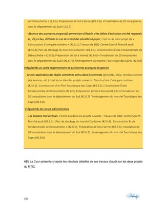 200	 	 	
	
de	Débouchette	»	(2.6.5);	Préparation	de	Sol	à	Vernet	(#2.6.6);	«l’installation	de	20	lampadaires	
dans	le	département	du	Sud»	(2.6.7)	
				-	Absence	des	acomptes	progressifs	permettant	d’établir	si	les	délais	d’exécution	ont	été	respectés	
et,	s’il	y	a	lieu,	d’établir	en	cas	de	retard	des	pénalités	à	payer,	c’est	le	cas	dans	projet	de	«	
Construction	d’une	gare	routière	»	(#2.6.1);	Travaux	de	BBQ-	Centre	Sportif-Marché	jeudi	
(#2.6.3);	Parc	de	stockage	du	marché	Container»	(#2.6.4);	«Construction	École	Fondamentale	de	
Débouchette	»	(2.6.5);	Préparation	de	Sol	à	Vernet	(#2.6.6)	«l’installation	de	20	lampadaires	
dans	le	département	du	Sud»	(#2.6.7)	l’Aménagement	du	marché	Touristique	des	Cayes	(#2.6.8)	
Irrégularités	au	cadre	réglementaire	et	aux	bonnes	pratiques	de	gestion	
		-	Le	non-application	des	règles	coercitives	prévu	dans	les	contrats	(pénalités,	délai,	remboursement	
des	avances,	etc.)	c’est	le	cas	dans	les	projets	suivants	:	Construction	d’une	gare	routière	
(#2.6.1)	;	Construction	d’un	Port	Touristique	des	Cayes	(#2.6.2)	;	Construction	École	
Fondamentale	de	Débouchette	(#2.6.5);	Préparation	de	Sol	à	Vernet	(#2.6.6)	«l’installation	de	
20	lampadaires	dans	le	département	du	Sud	(#2.6.7)	l’Aménagement	du	marché	Touristique	des	
Cayes	(#2.6.8)	
	Irrégularités	de	nature	administrative	
				-	Les	dossiers	mal	archivés,	c’est	le	cas	dans	les	projets	suivants	:	Travaux	de	BBQ-	Centre	Sportif-
Marché	jeudi	(#2.6.3)	;	Parc	de	stockage	du	marché	Container	(#2.6.4)	;	Construction	École	
Fondamentale	de	Débouchette	»	(#2.6.5)	;	Préparation	de	Sol	à	Vernet	(#2.6.6),	Installation	de	
20	lampadaires	dans	le	département	du	Sud	(#2.6.7)	;	Aménagement	du	marché	Touristique	des	
Cayes	(#2.6.8)	
	
405 La Cour présente ci-après les résultats détaillés de ses travaux d’audit sur les deux projets
du MTIC.
 