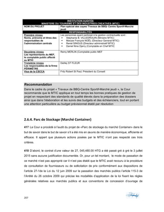207	 	 	
	
INSTITUTION AUDITÉE
MINISTERE DU TOURISME ET DES INDUSTRIES CREATIVES (MTIC)
NOM DU PROJET Plan spécial des cayes/ Travaux de BBQ- Centre Sportif-Marché
jeudi
RESPONSABILITÉS
Première niveau
Noms, prénoms et titres des
responsables de
l'administration centrale
Les personnes ayant participé à la gestion contractuelle sont :
§ Stéphanie B. VILLEDROUIN (Ministre MTIC)
§ Maryse François NOËL (Directeur General MTIC)
§ Renel SINOUS (Directeur administratif MTIC)
§ Daniel Nine Djerry (Comptable en Chef MTIC
Deuxième niveau
Les représentants du MEF,
le comptable public affecté
au MTIC
Remy MERLIN (Comptable public MEF
Troisième niveau
Les responsables de la firme
PÉRIMÈTRE
Darley ST FLEUR
Visa de la CSCCA Fritz Robert St Paul, Président du Conseil
	
Recommandation
Dans le cadre du projet « Travaux de BBQ-Centre Sportif-Marché jeudi », la Cour
recommande que le MTIC applique en tout temps les bonnes pratiques de gestion de
projet en respectant des standards de qualité élevés dans la préparation des dossiers
ainsi que dans l’élaboration et les suivis des budgets et des échéanciers, tout en portant
une attention particulière au budget prévisionnel établi par résolution
	
2.6.4.	Parc	de	Stockage	(Marché	Container)	
417 La Cour a procédé à l’audit du projet de «Parc de stockage du marché Container» dans le
but de savoir dans le but de savoir s’il a été mis en œuvre de manière économique, efficiente et
efficace. Il appert que plusieurs actions posées par le MTIC n’ont pas respecté ces trois
critères.
418 D’abord, le contrat d’une valeur de 27, 045,480.00 HTG a été passé gré à gré le 3 juillet
2015 sans aucune justification documentée. Or, pour un tel montant, le mode de passation de
ce marché n’est pas approprié car il n’est pas établi que le MTIC avait recouru à la procédure
de consultation de fournisseurs ou de sollicitation de prix conformément aux dispositions de
l’article 27-1de la Loi du 12 juin 2009 sur la passation des marchés publics l’article 115-3 de
l’Arrêté du 26 octobre 2009 qui précise les modalités d’application de la loi fixant les règles
générales relatives aux marchés publics et aux conventions de concession d’ouvrage de
 