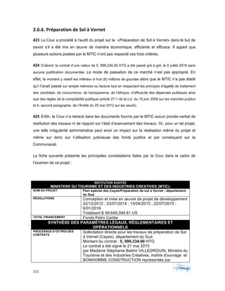 212	 	 	
	
2.6.6.	Préparation	de	Sol	à	Vernet	
423 La Cour a procédé à l’audit du projet sur la «Préparation de Sol à Vernet» dans le but de
savoir s’il a été mis en œuvre de manière économique, efficiente et efficace. Il appert que
plusieurs actions posées par le MTIC n’ont pas respecté ces trois critères.
424 D’abord, le contrat d’une valeur de 5, 999,334.00 HTG a été passé gré à gré, le 6 juillet 2015 sans
aucune justification documentée. Le mode de passation de ce marché n’est pas approprié. En
effet, le montant y relatif est inférieur à huit (8) millions de gourdes alors que le MTIC n’a pas établi
qu’i l’avait passé sur simple mémoire ou facture tout en respectant les principes d’égalité de traitement
des candidats, de concurrence, de transparence, de l’éthique, d’efficacité des dépenses publiques ainsi
que des règles de la comptabilité publique (article 27-1 de la Loi du 10 juin 2009 sur les marchés publics
et 6, second paragraphe, de l’Arrêté du 25 mai 2012 sur les seuils).
425 Enfin, la Cour n’a retracé dans les documents fournis par le MTIC aucun procès-verbal de
restitution des travaux ni de rapport sur l’état d’avancement des travaux. Or, pour un tel projet,
une telle irrégularité administrative peut avoir un impact sur la réalisation même du projet et
même sur donc sur l’utilisation judicieuse des fonds publics et par conséquent sur la
Communauté.
La fiche suivante présente les principales constatations faites par la Cour dans le cadre de
l’examen de ce projet :
INSTITUTION AUDITÉE
MINISTERE DU TOURISME ET DES INDUSTRIES CREATIVES (MTIC))
NOM DU PROJET Plan spécial des Cayes/Préparation de sol à Vernet : département
du Sud
RÉSOLUTIONS Conception et mise en œuvre de projet de développement
22/12/2012 ; 23/07/2014 ; 15/04/2015 ; 22/07/2015 ;
6/01/2016
Totalisant:$ 49,649,394.81 US
TOTAL FINANCEMENT Fonds Petro Caribe
SYNTHÈSE DES PARAMÈTRES LÉGAUX, RÉGLEMENTAIRES ET
OPÉRATIONNELS
PROCESSUS D’OCTROI DES
CONTRATS
Sollicitation directe pour les travaux de préparation de Sol
à Vernet (Cayes), département du Sud.
Montant du contrat : 5, 999,334.00 HTG
Le contrat a été signé le 21 mai 2015
par Madame Stéphanie Balmir VILLEDROUIN, Ministre du
Tourisme et des Industries Créatives, maître d'ouvrage et
BONHOMME CONSTRUCTION représentée par
 