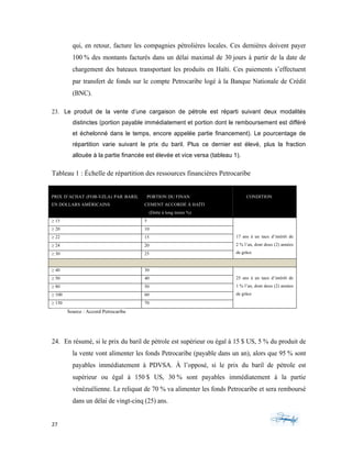 27	 	 	
	
qui, en retour, facture les compagnies pétrolières locales. Ces dernières doivent payer
100 % des montants facturés dans un délai maximal de 30 jours à partir de la date de
chargement des bateaux transportant les produits en Haïti. Ces paiements s’effectuent
par transfert de fonds sur le compte Petrocaribe logé à la Banque Nationale de Crédit
(BNC).
23. Le produit de la vente d’une cargaison de pétrole est réparti suivant deux modalités
distinctes (portion payable immédiatement et portion dont le remboursement est différé
et échelonné dans le temps, encore appelée partie financement). Le pourcentage de
répartition varie suivant le prix du baril. Plus ce dernier est élevé, plus la fraction
allouée à la partie financée est élevée et vice versa (tableau 1).
Tableau 1 : Échelle de répartition des ressources financières Petrocaribe
PRIX D’ACHAT (FOB-VZLA) PAR BARIL
EN DOLLARS AMÉRICAINS
PORTION DU FINAN
CEMENT ACCORDÉ À HAÏTI
(Dette à long terme %)
CONDITION
≥ 15 5
17 ans à un taux d’intérêt de
2 % l’an, dont deux (2) années
de grâce
≥ 20 10
≥ 22 15
≥ 24 20
≥ 30 25
≥ 40 30
25 ans à un taux d’intérêt de
1 % l’an, dont deux (2) années
de grâce
≥ 50 40
≥ 80 50
≥ 100 60
≥ 150 70
Source : Accord Petrocaribe
24. En résumé, si le prix du baril de pétrole est supérieur ou égal à 15 $ US, 5 % du produit de
la vente vont alimenter les fonds Petrocaribe (payable dans un an), alors que 95 % sont
payables immédiatement à PDVSA. À l’opposé, si le prix du baril de pétrole est
supérieur ou égal à 150 $ US, 30 % sont payables immédiatement à la partie
vénézuélienne. Le reliquat de 70 % va alimenter les fonds Petrocaribe et sera remboursé
dans un délai de vingt-cinq (25) ans.
 