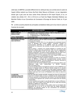 49	 	 	
	
cette base, le BMPAD a procédé différemment en attribuant deux (2) contrats dans le cadre de
l’appel d’offres restreint aux firmes (SunTech Solar/ Besuco et Elmecen ) et par négociation
directe (gré à gré) avec les deux autres firmes (Burocad et GK Import Export), et ce, en
violation des articles 34-1, 44-2, et 56 de la Loi fixant les Règles Générales Relatives aux
Marchés Publics et aux Conventions de Concession d’Ouvrage de Service Public du 10 juin
2009.
75 La fiche suivante présente les principales constatations faites par la Cour dans le cadre de
l’examen de ce projet :
INSTITUTION AUDITÉE
Bureau de Monétisation de Programmes d’Aide au Développement (BMPAD)
NOM DU PROJET Électrification par lampadaires solaires « Ban’m Limyè Ban’m Lavi »
RÉSOLUTIONS § 28 février 2012 : 11 280 000,00 USD
§ 11 décembre 2013 : 2 500 000,00 USD
TOTAL FINANCEMENT Fonds Petrocaribe
SYNTHÈSE DES PARAMÈTRES LÉGAUX, RÉGLEMENTAIRES ET OPÉRATIONNELS
PROCESSUS D’OCTROI
DES CONTRATS
Le BMPAD agissait à titre de maître d’ouvrage délégué dans le cadre de
l’exécution de ce projet.
Au préalable, le 15 juin 2012, il y a eu signature d’un protocole d’accord
entre le Ministère des Travaux Publics, Transports, Énergie et
Communication (MTPTEC) et le BMPAD, fixant les conditions de
financement et d’exécution des activités du projet exécuté en deux (2)
phases.
Dans la phase 1, quatorze (14) contrats totalisant un montant de cent
trente-trois millions neuf cent quarante-six mille cinq cent quatre-vingts
gourdes (133 946 580,00 HTG) ont été signés entre le BMPAD et
plusieurs entreprises. Les firmes ont été contractées dans le cadre d’une
négociation directe, puisqu’il y a eu un fractionnement de contrats.
Dans la phase 2, il y a eu publication d’un avis d’appel d’offres dans le
journal Le Nouvelliste suivi de l’ouverture des plis.
Après évaluation, le comité d’analyse composé de quatre (4) membres
issus du BMPAD a désigné les soumissionnaires suivants comme
adjudicataires provisoires : SunTech Solar/Besuco, Elmecen, Burocad et
GK Import-Export pour un total de six (6) lots.
Signature de six (6) contrats totalisant quatre cent trente-cinq millions cent
trente-neuf mille cent quatre-vingts et 80/100 gourdes
(435 139 180,80 HTG).
Un Accord de Rétrocession est également intervenu entre le BMPAD et le
Bureau du Ministre auprès du Premier Ministre chargé de la sécurité
énergétique (BMSE) pour un montant de vingt millions quatre-vingt-trois
mille neuf cent trente et 00/100 gourdes (20 083 930,00 HTG). Cette
dotation avait pour but le suivi et l’évaluation de la mise en œuvre du
programme.
LA GESTION
CONTRACTUELLE ET
GESTION DE PROJET
Pour les vingt (20) contrats accordés, excepté pour deux (2) (GK Import
Export S.A. et Green Solar), la Cour a constaté que les cautionnements
de bonne exécution et d’achèvement des travaux n’ont pas été déposés
au moment de la signature des contrats comme stipulé dans les clauses
contractuelles.
La Cour constate que le projet n’a pas été géré dans un souci d’efficience.
De plus, elle n’a pu obtenir aucun bilan de suivi en dépit des sommes
affectées au BMSE pour cette activité.
Dans l’exécution de ce projet, la Cour relève aussi le non-respect des
dispositions de la Loi du 10 juin 2009 fixant les Règles Générales
Relatives aux Marchés Publics et aux Conventions de Concession
d’Ouvrage de Service Public.
 