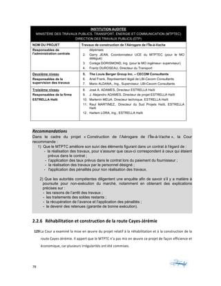78	 	 	
	
INSTITUTION AUDITÉE
MINISTÈRE DES TRAVAUX PUBLICS, TRANSPORT, ÉNERGIE ET COMMUNICATION (MTPTEC)
DIRECTION DES TRAVAUX PUBLICS (DTP)
NOM DU PROJET Travaux de construction de l’Aérogare de l’Île-à-Vache
Responsables de
l'administration centrale
dépenses
2. Garry JEAN, Coordonnateur UCE du MTPTEC (pour le MO
délégué)
3. Coréga DORISMOND, Ing. (pour le MO ingénieur- superviseur)
4. Frantz DUROSEAU, Directeur du Transport
Deuxième niveau
Responsables de la
supervision des travaux
5. The Louis Berger Group Inc. – CECOM Consultants
6. Ariel Frank, Représentant légal de LBI-Cecom Consultants
7. Mario ALDANA,, Ing., Superviseur, LBI-Cecom Consultants
Troisième niveau
Responsables de la firme
ESTRELLA Haïti
8. José A. ADAMES, Directeur ESTRELLA Haïti
9. J. Alejandro ADAMES, Directeur de projet ESTRELLA Haïti
10. Marlenin MEIJA. Directeur technique, ESTRELLA Haïti
11. Raul MARTINEZ,. Directeur du Sud Projets Haïti, ESTRELLA
Haïti
12. Harlem LORA, Ing., ESTRELLA Haïti
Recommandations	
Dans le cadre du projet « Construction de l’Aérogare de l’Île-à-Vache », la Cour
recommande :
1) Que le MTPTC améliore son suivi des éléments figurant dans un contrat à l’égard de :
- la réalisation des travaux, pour s’assurer que ceux-ci correspondent à ceux qui étaient
prévus dans le contrat ;
- l’application des taux prévus dans le contrat lors du paiement du fournisseur ;
- la réalisation des travaux par le personnel désigné ;
- l'application des pénalités pour non réalisation des travaux.
2) Que les autorités compétentes diligentent une enquête afin de savoir s’il y a matière à
poursuite pour non-exécution du marché, notamment en obtenant des explications
précises sur :
- les raisons de l’arrêt des travaux ;
- les traitements des soldes restants ;
- la récupération de l’avance et l’application des pénalités ;
- le devenir des retenues (garantie de bonne exécution).
2.2.6 Réhabilitation	et	construction	de	la	route	Cayes-Jérémie	
129La	Cour	a	examiné	la	mise	en	œuvre	du	projet	relatif	à	la	réhabilitation	et	à	la	construction	de	la	
route	Cayes-Jérémie.	Il	appert	que	le	MTPTC	n’a	pas	mis	en	œuvre	ce	projet	de	façon	efficience	et	
économique,	car	plusieurs	irrégularités	ont	été	commises.	
 