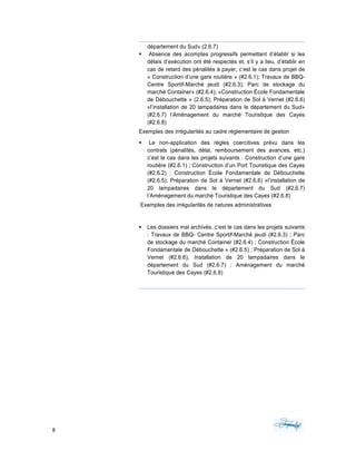 8	 	 	
	
département du Sud» (2.6.7)
§ Absence des acomptes progressifs permettant d’établir si les
délais d’exécution ont été respectés et, s’il y a lieu, d’établir en
cas de retard des pénalités à payer, c’est le cas dans projet de
« Construction d’une gare routière » (#2.6.1); Travaux de BBQ-
Centre Sportif-Marché jeudi (#2.6.3); Parc de stockage du
marché Container» (#2.6.4); «Construction École Fondamentale
de Débouchette » (2.6.5); Préparation de Sol à Vernet (#2.6.6)
«l’installation de 20 lampadaires dans le département du Sud»
(#2.6.7) l’Aménagement du marché Touristique des Cayes
(#2.6.8)
Exemples des irrégularités au cadre réglementaire de gestion
§ Le non-application des règles coercitives prévu dans les
contrats (pénalités, délai, remboursement des avances, etc.)
c’est le cas dans les projets suivants : Construction d’une gare
routière (#2.6.1) ; Construction d’un Port Touristique des Cayes
(#2.6.2) ; Construction École Fondamentale de Débouchette
(#2.6.5); Préparation de Sol à Vernet (#2.6.6) «l’installation de
20 lampadaires dans le département du Sud (#2.6.7)
l’Aménagement du marché Touristique des Cayes (#2.6.8)
Exemples des irrégularités de natures administratives
§ Les dossiers mal archivés, c’est le cas dans les projets suivants
: Travaux de BBQ- Centre Sportif-Marché jeudi (#2.6.3) ; Parc
de stockage du marché Container (#2.6.4) ; Construction École
Fondamentale de Débouchette » (#2.6.5) ; Préparation de Sol à
Vernet (#2.6.6), Installation de 20 lampadaires dans le
département du Sud (#2.6.7) ; Aménagement du marché
Touristique des Cayes (#2.6.8)
 