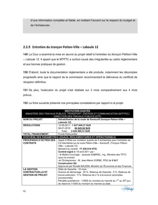 91	 	 	
	
d’une information complète et fiable, en mettant l’accent sur le respect du budget et
de l’échéancier.
2.2.9 Entretien	du	tronçon	Petion-Ville	–	Laboule	12	
149 La Cour a examiné la mise en œuvre du projet relatif à l’entretien du ttronçon Pétition-Ville
– Laboule 12. Il appert que le MTPTC a surtout causé des irrégularités au cadre réglementaire
et aux bonnes pratiques de gestion.
150 D’abord, toute la documentation réglementaire a été produite, notamment les décomptes
progressifs ainsi que le rapport de la commission recommandant la délivrance du certificat de
réception définitive.
151 De plus, l’exécution du projet s’est réalisée sur 2 mois comparativement aux 4 mois
prévus.
152 La fiche suivante présente nos principales constatations par rapport à ce projet.
INSTITUTION AUDITÉE
MINISTÈRE DES TRAVAUX PUBLICS, TRANSPORT, ÉNERGIE ET COMMUNICATION (MTPTEC)
DIRECTION DES TRAVAUX PUBLICS (DTP)
NOM DU PROJET Réhabilitation de la route de Kenscoff (tronçon Pétion-Ville –
Laboule 12)
RÉSOLUTIONS 12-05-2011 : 1 937 849,37 $US
06-01-2016 : 84 645,94 $US
Total : 2 022 495,31 $US
TOTAL FINANCEMENT Fonds Petrocaribe
SYNTHÈSE DES PARAMÈTRES LÉGAUX, RÉGLEMENTAIRES ET OPÉRATIONNELS
PROCESSUS D’OCTROI DES
CONTRATS
Appel d’offres sur invitation auprès de 3 entreprises pour l’entretien de
5,6 kilomètres sur la route Pétion-Ville – Kenscoff. (Tronçon Pétion-
Ville – Laboule 12)
Montant du contrat : 77 230 610 HTG
Contrat signé le 18 avril 2011 par :
- le Maître d’ouvrage : Jacques GABRIEL, Ing., Ministre des TPTC
(pour le contrat)
-et l’Entrepreneur : M. Jean-Marie VORBE, PDG de V & F
Construction SA
Approuvé par Ronald BAUDIN, Ministre de l’Économie et des Finances
LA GESTION
CONTRACTUELLE ET
GESTION DE PROJET
Délai de Garantie : 10 mois
Avance de démarrage : 20 %. Retenue de Garantie : 5 %. Retenue de
bonne exécution : 5 %. Retenue de 2 % à la source (acomptes
provisionnels).
Pénalité quotidienne : 1/3000 du montant du marché du 1
er
au 30
e
jour
de retard et 1/1000 du montant du marché au-delà.
 