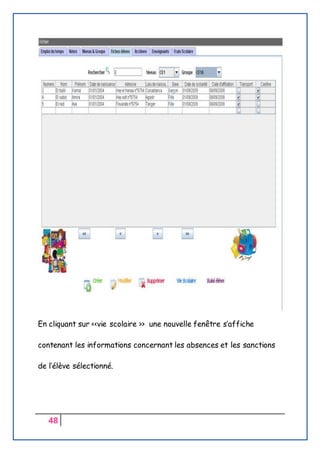 48
En cliquant sur <<vie scolaire >> une nouvelle fenêtre s’affiche
contenant les informations concernant les absences et les sanctions
de l’élève sélectionné.
 