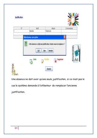 51
Une absence ne doit avoir qu’une seule justification, si ce n’est pas le
cas le système demande à l’utilisateur de remplacer l’ancienne
justification.
 