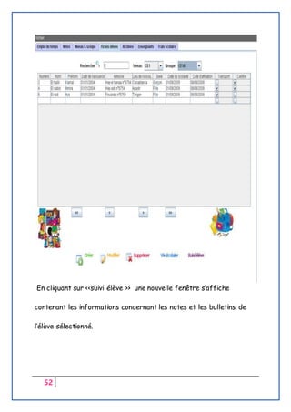 52
En cliquant sur <<suivi élève >> une nouvelle fenêtre s’affiche
contenant les informations concernant les notes et les bulletins de
l’élève sélectionné.
 