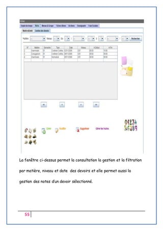 55
La fenêtre ci-dessus permet la consultation la gestion et la filtration
par matière, niveau et date des devoirs et elle permet aussi la
gestion des notes d’un devoir sélectionné.
 