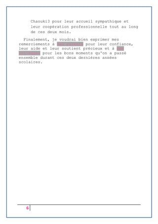 6
Chaouki3 pour leur accueil sympathique et
leur coopération professionnelle tout au long
de ces deux mois.
Finalement, je voudrai bien exprimer mes
remerciements à mes parents pour leur confiance,
leur aide et leur soutient précieux et à mes
collègues pour les bons moments qu'on a passé
ensemble durant ces deux dernières années
scolaires.
 