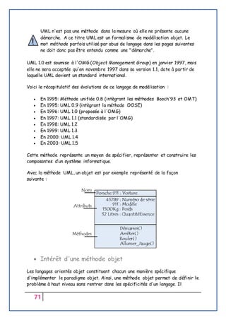 71
UML n'est pas une méthode dans la mesure où elle ne présente aucune
démarche. A ce titre UML est un formalisme de modélisation objet. Le
mot méthode parfois utilisé par abus de langage dans les pages suivantes
ne doit donc pas être entendu comme une "démarche".
UML 1.0 est soumise à l'OMG (Object Management Group) en janvier 1997, mais
elle ne sera acceptée qu'en novembre 1997 dans sa version 1.1, date à partir de
laquelle UML devient un standard international.
Voici le récapitulatif des évolutions de ce langage de modélisation :
 En 1995: Méthode unifiée 0.8 (intègrant les méthodes Booch'93 et OMT)
 En 1995: UML 0.9 (intègrant la méthode OOSE)
 En 1996: UML 1.0 (proposée à l'OMG)
 En 1997: UML 1.1 (standardisée par l'OMG)
 En 1998: UML 1.2
 En 1999: UML 1.3
 En 2000: UML 1.4
 En 2003: UML 1.5
Cette méthode représente un moyen de spécifier, représenter et construire les
composantes d’un système informatique.
Avec la méthode UML, un objet est par exemple représenté de la façon
suivante :
 Intérêt d'une méthode objet
Les langages orientés objet constituent chacun une manière spécifique
d'implémenter le paradigme objet. Ainsi, une méthode objet permet de définir le
problème à haut niveau sans rentrer dans les spécificités d'un langage. Il
 