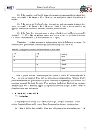 Rapport de fin d’année 
18 
Cas 2: La marche avant(Sens1), deux interrupteurs sont commandés fermés et deux autres ouverts (T1 et T4 fermés et T2 et T3 ouvert), on applique au moteur la tension de la batterie. 
Cas 3: La marche arrière(Sens2), deux interrupteurs sont commandés fermés et deux autres ouverts (T2 et T3 fermés et T1 et T4 ouverts), mais, à l'inverse du cas précédent, on applique au moteur la tension de la batterie, avec une polarité inverse. 
Cas 4 : Le frein, deux interrupteurs de la même polarité du pont en H sont commandés fermés (T1, T2, T3 et T4), les pôles du moteur sont court-circuités, ce qui freine le moteur. Cet état est rarement utilisé. (Cas non représenté sur la figure). 
Un pont en H est donc simplement un interrupteur qui relie la batterie au moteur. Cet interrupteur est généralement commandé par deux entrées logiques : In1 et In2. Tableau.1.Logique décrivant le fonctionnement du pont en H In1 In2 
Moteur 
0 
0 Arrêt 
0 
1 Sens1 
1 
0 Sens2 
1 
1 Arrêt 
Dans ce projet, nous ne connectons pas directement le moteur à l’alimentation via le Pont H car cela provoquerait d’une part une consommation importante de l’énergie, d’autre part le Pont H constitué généralement de quatre transistors de rapport cyclique différent, ceci provoque un retard du signal de sortie. C’est ainsi que l’utilisation du circuit de puissance intégrant deux Pont H de même rapport cyclique et qui amplifie le signal d’entrée semble le plus convenable pour notre projet. 
V. ETAGE DE PUISSANCE 
V.1.Définition 
L’étage de puissance (driver) utilisé est un circuit intégré L298 pour les moteurs à courant continu. Ce circuit offre un double pont en H pour former une interface avec microcontrôleur. 
Le L298N se décline dans un boîtier Multi watt à 15 pins schématisé dans la figure 17 [6] 
 