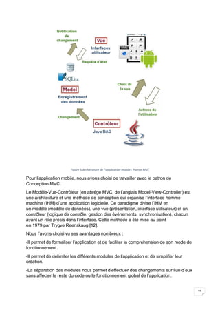 18
Figure 5:Architecture de l’application mobile : Patron MVC
Pour l’application mobile, nous avons choisi de travailler avec le patron de
Conception MVC.
Le Modèle-Vue-Contrôleur (en abrégé MVC, de l’anglais Model-View-Controller) est
une architecture et une méthode de conception qui organise l’interface homme-
machine (IHM) d’une application logicielle. Ce paradigme divise l’IHM en
un modèle (modèle de données), une vue (présentation, interface utilisateur) et un
contrôleur (logique de contrôle, gestion des événements, synchronisation), chacun
ayant un rôle précis dans l’interface. Cette méthode a été mise au point
en 1979 par Trygve Reenskaug [12].
Nous l’avons choisi vu ses avantages nombreux :
-Il permet de formaliser l’application et de faciliter la compréhension de son mode de
fonctionnement.
-Il permet de délimiter les différents modules de l’application et de simplifier leur
création.
-La séparation des modules nous permet d’effectuer des changements sur l’un d’eux
sans affecter le reste du code ou le fonctionnement global de l’application.
 