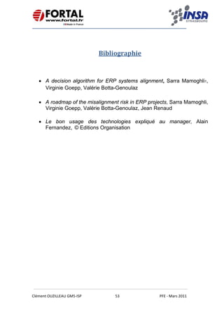    
 
 
 
Clément OUZILLEAU GM5‐ISP  53  PFE ‐ Mars 2011 
 
 
Bibliographie 
 
 
• A decision algorithm for ERP systems alignment, Sarra Mamoghli1,
Virginie Goepp, Valérie Botta-Genoulaz
• A roadmap of the misalignment risk in ERP projects, Sarra Mamoghli,
Virginie Goepp, Valérie Botta-Genoulaz, Jean Renaud
• Le bon usage des technologies expliqué au manager, Alain
Fernandez,  © Editions Organisation
 