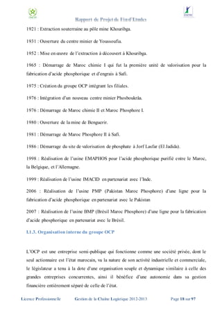 1921 : Extraction souterraine au pôle mine Khouribga.
1931 : Ouverture du centre minier de Youssoufia.
1952 : Mise en œuvre de l’extraction à découvert à Khouribga.
1965 : Démarrage de Maroc chimie I qui fut la première unité de valorisation pour la
fabrication d’acide phosphorique et d’engrais à Safi.
1975 : Création du groupe OCP intégrant les filiales.
1976 : Intégration d’un nouveau centre minier Phosboukrâa.
1976 : Démarrage de Maroc chimie II et Maroc Phosphore I.
1980 : Ouverture de la mine de Benguerir.
1981 : Démarrage de Maroc Phosphore II à Safi.
1986 : Démarrage du site de valorisation de phosphate à Jorf Lasfar (El Jadida).
1998 : Réalisation de l’usine EMAPHOS pour l’acide phosphorique purifié e ntre le Maroc,
la Belgique, et l’Allemagne.
1999 : Réalisation de l’usine IMACID en partenariat avec l’Inde.
2006 : Réalisation de l’usine PMP (Pakistan Maroc Phosphore) d’une ligne pour la
fabrication d’acide phosphorique en partenariat avec le Pakistan
2007 : Réalisation de l’usine BMP (Brésil Maroc Phosphore) d’une ligne pour la fabrication
d’acide phosphorique en partenariat avec le Brésil.
I.1.3. Organisation interne du groupe OCP

L’OCP est une entreprise semi-publique qui fonctionne comme une société privée, dont le
seul actionnaire est l’état marocain, vu la nature de son activité industrielle et commerciale,
le législateur a tenu à la dote d’une organisation souple et dynamique similaire à celle des
grandes entreprises concurrentes, ainsi il bénéfice d’une autonomie dans sa gestion
financière entièrement séparé de celle de l’état.
Licence Professionnelle

Gestion de la Chaîne Logistique 2012-2013

Page 18 sur 97

 