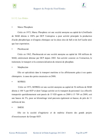 I.1.3.2. Les filiales

•

Maroc Phosphore
Créée en 1973, Maroc Phosphore est une société anonyme au capital de 6,5milliards

de MAD détenu à 100% par OCP l’entreprise a pour activité principale la production
d’acide phosphorique et d’engrais chimiques sur les deux sites de Safi et de Jorf Lasfar ainsi
que leur exportation.
•

Phosboucraâ
Créée en 1962, Phosboucraâ est une société anonyme au capital de 100 millions de

MAD, entièrement détenue par OCP depuis 2002. Son activité consiste en l’extraction, le
traitement, le transport et la commercialisation du minerai de phosphate.
•

Marphocéan
Elle est spécialisée dans le transport maritime et les affrètements grâce à ses quatre

chimiquiers. à cause des pertes encaissées en 2008.
•

SOTREG
Créée en 1973, SOTREG est une société anonyme au capital de 56 millions de MAD

détenu à 100 % par OCP et dont l’unique activité est le transport du personnel. Les effectifs
transportés quotidiennement sont passés de 15 020 agents en 2008 à 15 709 en 2009, soit
une hausse de 5%, pour un kilométrage total parcouru également en hausse, de près de 11
millions de km.
•

SMESI
Elle est la société d’ingénierie et de maîtrise d’œuvre des grands projets

d’investissement du Groupe OCP.

Licence Professionnelle

Gestion de la Chaîne Logistique 2012-2013

Page 21 sur 97

 