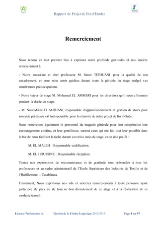 Remerciement

Nous tenons en tout premier lieu à exprimer notre profonde gratitudes et nos sincère
remerciement à:
- Notre encadrant et cher professeur M. Samir TETOUANI pour la qualité de son
encadrement, et pour nous avoir guidées durant toute la période du stage malgré s es
nombreuses préoccupations.
- Notre tuteur de stage M. Mohamed EL AMMARI pour les directives qu’il nous a fournies
pendant la durée du stage.
- M. Noureddine El ALOUANI, responsable d’approvisionnement et gestion de stock pour
son aide précieuse est indispensable pour la réussite de notre projet de fin d’étude.
Nous remercions également le personnel du magasin générale pour leur coopération leur
encouragement continu, et leur gentillesse, surtout ceux qui ont fait tout leur possible dans
le but de nous faciliter la tâche durant ces trois mois de stage, et on vise par-là :
M. EL MALEH : Responsable codification.
M. EL HOUSSINE : Responsable réception.
Toutes nos expressions de reconnaissance et de gratitude sont présentées à tous les
professeurs et au cadre administratif de l’Ecole Supérieure des Industrie du Textile et de
l’Habillement – Casablanca.
Finalement, Nous exprimons nos vifs et sincères remerciements à toute personne ayant
participée de près ou de loin au bon déroulement de ce stage et à la réalisation de ce
modeste travail.

Licence Professionnelle

Gestion de la Chaîne Logistique 2012-2013

Page 4 sur 97

 