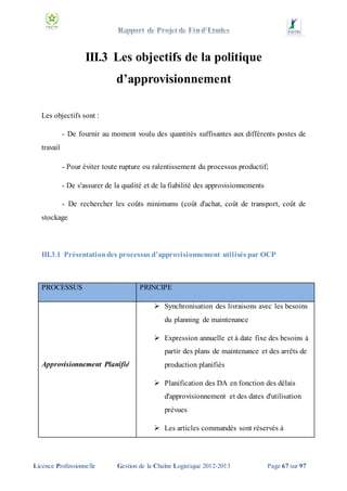 III.3 Les objectifs de la politique
d’approvisionnement
Les objectifs sont :
- De fournir au moment voulu des quantités suffisantes aux différents postes de
travail
- Pour éviter toute rupture ou ralentissement du processus productif;
- De s'assurer de la qualité et de la fiabilité des approvisionnements
- De rechercher les coûts minimums (coût d'achat, coût de transport, coût de
stockage

III.3.1 Présentation des processus d’approvisionnement utilisés par OCP

PROCESSUS

PRINCIPE
 Synchronisation des livraisons avec les besoins
du planning de maintenance
 Expression annuelle et à date fixe des besoins à
partir des plans de maintenance et des arrêts de

Approvisionnement Planifié

production planifiés
 Planification des DA en fonction des délais
d'approvisionnement et des dates d'utilisation
prévues
 Les articles commandés sont réservés à

Licence Professionnelle

Gestion de la Chaîne Logistique 2012-2013

Page 67 sur 97

 
