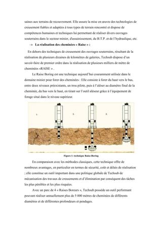 saines aux terrains de recouvrement. Elle assure la mise en œuvre des technologies de
creusement fiables et adaptées à tous types de terrain rencontré et dispose de
compétences humaines et techniques lui permettant de réaliser divers ouvrages
souterrains dans le secteur minier, d'assainissement, du B.T.P. et de l’hydraulique, etc.
 La réalisation des cheminées « Raise » :
En dehors des techniques de creusement des ouvrages souterrains, résultant de la
réalisation de plusieurs dizaines de kilomètres de galeries, Techsub dispose d’un
savoir-faire de premier ordre dans la réalisation de plusieurs milliers de mètre de
cheminées «RAISE » .
Le Raise Boring est une technique aujourd’hui couramment utilisée dans le
domaine minier pour forer des cheminées : Elle consiste à forer du haut vers le bas,
entre deux niveaux préexistants, un trou pilote, puis à l’aléser au diamètre final de la
cheminée, du bas vers le haut, en tirant sur l’outil aléseur grâce à l’équipement de
forage situé dans le niveau supérieur.
En comparaison avec les méthodes classiques, cette technique offre de
nombreux avantages, en particulier en termes de sécurité, coût et délais de réalisation
; elle constitue un outil important dans une politique globale de Techsub de
mécanisation des travaux de creusements et d’élimination par conséquent des tâches
les plus pénibles et les plus risquées.
Avec un parc de 4 « Raises Boreurs », Techsub possède un outil performant
pouvant réaliser annuellement plus de 5 000 mètres de cheminées de différents
diamètres et de différentes profondeurs et pendages.
Figure 1: technique Raise-Boring
 