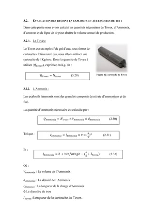 3.2. EVALUATION DES BESOINS EN EXPLOSIFS ET ACCESSOIRES DE TIR :
Dans cette partie nous avons calculé les quantités nécessaires de Tovex, d’Ammonix,
d’amorces et de ligne de tir pour abattre le volume annuel de production.
3.2.1. Le Tovex:
Le Tovex est un explosif de gel d’eau, sous forme de
cartouches. Dans notre cas, nous allons utiliser une
cartouche de 1Kg/trou. Donc la quantité de Tovex à
utiliser ( ), exprimée en Kg, est :
3.2.2. L’Ammonix :
Les explosifs Ammonix sont des granulés composés de nitrate d’ammonium et de
fuel.
La quantité d’Ammonix nécessaire est calculée par :
Tel que :
Et :
Où :
: Le volume de l’Ammonix
: La densité de l’Ammonix
: La longueur de la charge d’Ammonix
Le diamètre du trou
:Longueur de la cartouche du Tovex.
(3.29)
(2.32)
(2.31)
(2.30)
Figure 12: cartouche de Tovex
 