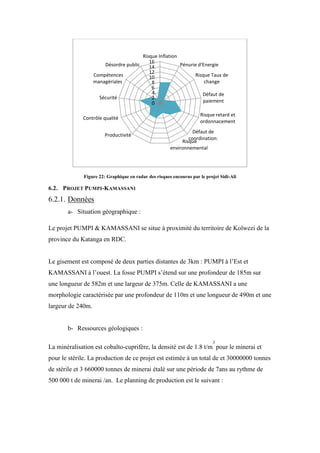 Figure 22: Graphique en radar des risques encourus par le projet Sidi-Ali
6.2. PROJET PUMPI-KAMASSANI
6.2.1. Données
a- Situation géographique :
Le projet PUMPI & KAMASSANI se situe à proximité du territoire de Kolwezi de la
province du Katanga en RDC.
Le gisement est composé de deux parties distantes de 3km : PUMPI à l’Est et
KAMASSANI à l’ouest. La fosse PUMPI s’étend sur une profondeur de 185m sur
une longueur de 582m et une largeur de 375m. Celle de KAMASSANI a une
morphologie caractérisée par une profondeur de 110m et une longueur de 490m et une
largeur de 240m.
b- Ressources géologiques :
La minéralisation est cobalto-cuprifère, la densité est de 1.8 t/m
3
pour le minerai et
pour le stérile. La production de ce projet est estimée à un total de et 30000000 tonnes
de stérile et 3 660000 tonnes de minerai étalé sur une période de 7ans au rythme de
500 000 t de minerai /an. Le planning de production est le suivant :
0
2
4
6
8
10
12
14
16
Risque Inflation
Pénurie d'Energie
Risque Taux de
change
Défaut de
paiement
Risque retard et
ordonnacement
Défaut de
coordination:
Risque
environnemental
Productivité
Contrôle qualité
Sécurité
Compétences
managériales
Désordre public
 