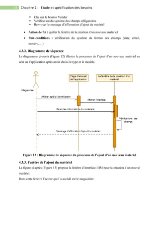 24 Chapitre 2 : Etude et spécification des besoins
 Clic sur le bouton Valider
 Vérification du système des champs obligatoires
 Renvoyer le message d’affirmation d’ajout du matériel
 Action de fin : quitter la fenêtre de la création d’un nouveau matériel
 Post-conditions : vérification du système du format des champs (date, email,
numéro,…)
4.3.2. Diagramme de séquence
Le diagramme ci-après (Figure 12) illustre le processus de l’ajout d’un nouveau matériel au
sein du l’application après avoir choisi le type et le modèle.
Figure 12 : Diagramme de séquence du processus de l’ajout d’un nouveau matériel
4.3.3. Fenêtre de l’ajout du matériel
La figure ci-après (Figure 13) propose la fenêtre d’interface IHM pour la création d’un nouvel
matériel.
Dans cette fenêtre l’acteur qui l’a accédé est le magasinier.
 