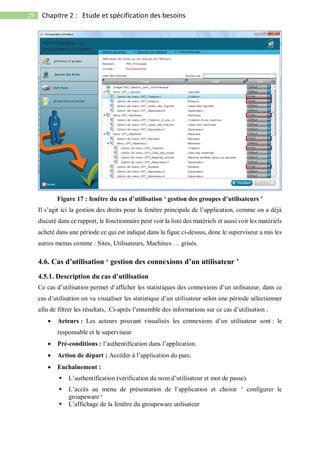 29 Chapitre 2 : Etude et spécification des besoins
Figure 17 : fenêtre du cas d’utilisation ‘ gestion des groupes d’utilisateurs ’
Il s’agit ici la gestion des droits pour la fenêtre principale de l’application, comme on a déjà
discuté dans ce rapport, le fonctionnaire peut voir la liste des matériels et aussi voir les matériels
acheté dans une période ce qui est indiqué dans la figue ci-dessus, donc le superviseur a mis les
autres menus comme : Sites, Utilisateurs, Machines … grisés.
4.6. Cas d’utilisation ‘ gestion des connexions d’un utilisateur ’
4.5.1. Description du cas d’utilisation
Ce cas d’utilisation permet d’afficher les statistiques des connexions d’un utilisateur, dans ce
cas d’utilisation on va visualiser les statistique d’un utilisateur selon une période sélectionner
afin de filtrer les résultats, .Ci-après l’ensemble des informations sur ce cas d’utilisation :
 Acteurs : Les acteurs pouvant visualisés les connexions d’un utilisateur sont : le
responsable et le superviseur
 Pré-conditions : l’authentification dans l’application.
 Action de départ : Accéder à l’application du parc.
 Enchaînement :
 L’authentification (vérification du nom d’utilisateur et mot de passe).
 L’accès au menu de présentation de l’application et choisir ‘ configurer le
groupeware ‘
 L’affichage de la fenêtre du groupeware utilisateur
 