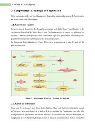 34 Chapitre 3 : Conception
3. Comportement dynamique de l’application
Cette partie présente les activités (diagrammes d’activités) majeures du système de l’application
de la gestion du parc informatique.
3.1. Gestion des logiciels
Le processus de la gestion des logiciels commence tout d’abord par l’identification et la
vérification du système des droits d’accès pour l’utilisateur connecté, ensuite cet utilisateur va
accéder à l’interface principale pour aller vers le menu logiciel et après choisir liste des logiciels
pour faire le traitement souhaité qui va être géré par le système.
Le diagramme d’activités ci-après (Figure 21) présente le processus de gestion des logiciels du
parc informatique.
Figure 21 : diagramme d’activité ‘ Gestion des logiciels ’
3.2. Gérer les utilisateurs
Pour gérer les utilisateurs avec leurs droits d’accès, il faut tout d’abord s’authentifier autant
qu’un superviseur, puis l’accès à la fenêtre de la présentation du l’application puis aller à la
configuration du groupeware et ensuite accéder à la création d’un nouveau utilisateur en
remplissant le nom et prénom, le login, le mot de passe, la confirmation du mot de passe et le
 