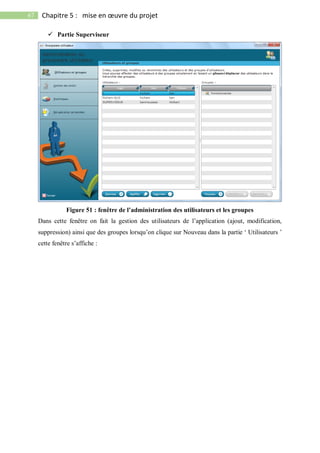 67 Chapitre 5 : mise en œuvre du projet
 Partie Superviseur
Figure 51 : fenêtre de l’administration des utilisateurs et les groupes
Dans cette fenêtre on fait la gestion des utilisateurs de l’application (ajout, modification,
suppression) ainsi que des groupes lorsqu’on clique sur Nouveau dans la partie ‘ Utilisateurs ’
cette fenêtre s’affiche :
 