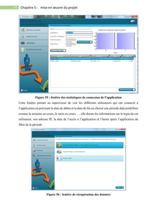 70 Chapitre 5 : mise en œuvre du projet
Figure 55 : fenêtre des statistiques de connexion de l’application
Cette fenêtre permet au superviseur de voir les différents utilisateurs qui ont connecté à
l’application en précisant la date de début et la date de fin ou choisir une période déjà prédéfinie
comme la semaine en cours, le mois en cours… , elle donne les informations sur le login de cet
utilisateur, son adresse IP, la date de l’accès à l’application et l’heure après l’application du
filtre de la période.
Figure 56 : fenêtre de récupération des données
 