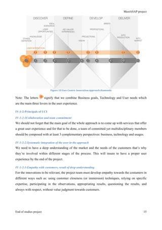 MeetASAP project
End of studies project 15
Figure	
  10	
  User	
  Centric	
  Innovation	
  approach	
  diamonds	
  
Note: The letters signify that we combine Business goals, Technology and User needs which
are the main three levers in the user experience.
IV-1-2-Principals of UCI
IV-1-2-1Collaboration and team commitment
We should not forget that the main goal of the whole approach is to come up with services that offer
a great user experience and for that to be done, a team of committed yet multidisciplinary members
should be composed with at least 3 complementary perspectives: business, technology and usages.
IV-1-2-2-Systematic integration of the user in the approach
We need to have a deep understanding of the market and the needs of the customers that’s why
they’re involved within different stages of the process. This will insure to have a proper user
experience by the end of the project.
IV-1-2-3-Empathy with customers, result of deep understanding
For the innovations to be relevant, the project team must develop empathy towards the costumers in
different ways such as: using customer closeness (or immersion) techniques, relying on specific
expertise, participating in the observations, appropriating results, questioning the results, and
always with respect, without value judgment towards customers.
 