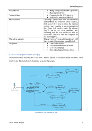 MeetASAP project
End of studies project 28
	
  
II-2-2-Use case diagram for chat messaging
The schema below describes the “chat with a friend” option. It illustrates clearly what this action
involves and the interactions between the user and the system.
Figure	
  14	
  Use	
  case	
  diagram	
  for	
  chat	
  
Preconditions Ø Being connected to the RCS platform
Ø Running the service
Post conditions Ø Connected to the RCS platform
Ø Multimedia session established
Basic scenario Choosing a specific user from the contact list
and send him the invitation. Once accepted,
both users will be able to define the meeting
options and visualize a recommendations
list. Once both parties make the choice,
they’ll get to see their positions, the
trajectory and the time estimation will be
calculated. They will start the navigation to
the meeting place.
Alternative scenario The service won’t be available and users will
have to wait till connection is established.
Exceptions Ø Unavailable service
Ø Disconnected from the platform
Ø User not connected
Ø Host did not accept the invitation
 