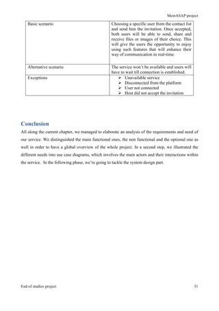 MeetASAP project
End of studies project 31
Conclusion
All along the current chapter, we managed to elaborate an analysis of the requirements and need of
our service. We distinguished the main functional ones, the non functional and the optional one as
well in order to have a global overview of the whole project. In a second step, we illustrated the
different needs into use case diagrams, which involves the main actors and their interactions within
the service. In the following phase, we’re going to tackle the system design part.
Basic scenario Choosing a specific user from the contact list
and send him the invitation. Once accepted,
both users will be able to send, share and
receive files or images of their choice. This
will give the users the opportunity to enjoy
using such features that will enhance their
way of communication in real-time.
Alternative scenario The service won’t be available and users will
have to wait till connection is established.
Exceptions Ø Unavailable service
Ø Disconnected from the platform
Ø User not connected
Ø Host did not accept the invitation
 