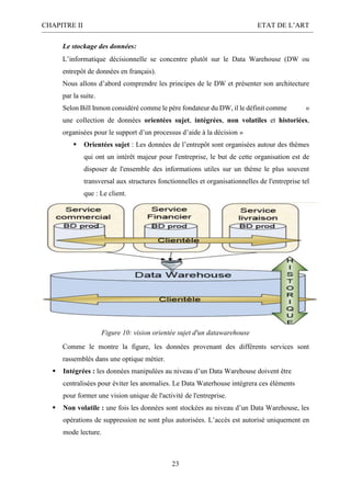 CHAPITRE II ETAT DE L’ART
23
Le stockage des données:
L’informatique décisionnelle se concentre plutôt sur le Data Warehouse (DW ou
entrepôt de données en français).
Nous allons d’abord comprendre les principes de le DW et présenter son architecture
par la suite.
Selon Bill Inmon considéré comme le père fondateur du DW, il le définit comme «
une collection de données orientées sujet, intégrées, non volatiles et historiées,
organisées pour le support d’un processus d’aide à la décision »
 Orientées sujet : Les données de l’entrepôt sont organisées autour des thèmes
qui ont un intérêt majeur pour l'entreprise, le but de cette organisation est de
disposer de l'ensemble des informations utiles sur un thème le plus souvent
transversal aux structures fonctionnelles et organisationnelles de l'entreprise tel
que : Le client.
Figure 10: vision orientée sujet d'un datawarehouse
Comme le montre la figure, les données provenant des différents services sont
rassemblés dans une optique métier.
 Intégrées : les données manipulées au niveau d’un Data Warehouse doivent être
centralisées pour éviter les anomalies. Le Data Waterhouse intégrera ces éléments
pour former une vision unique de l'activité de l'entreprise.
 Non volatile : une fois les données sont stockées au niveau d’un Data Warehouse, les
opérations de suppression ne sont plus autorisées. L’accès est autorisé uniquement en
mode lecture.
 
